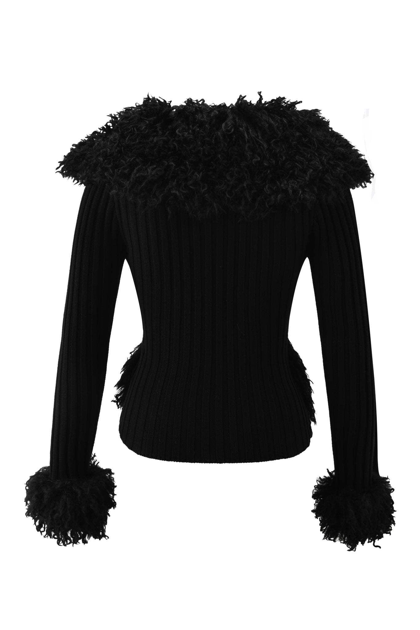 The image shows the back view of the I.AM.GIA CRESSIDA JACKET - BLACK, a long-sleeve ribbed knit jacket with a textured faux fur collar and fluffy cuff trim, displayed against a white background.