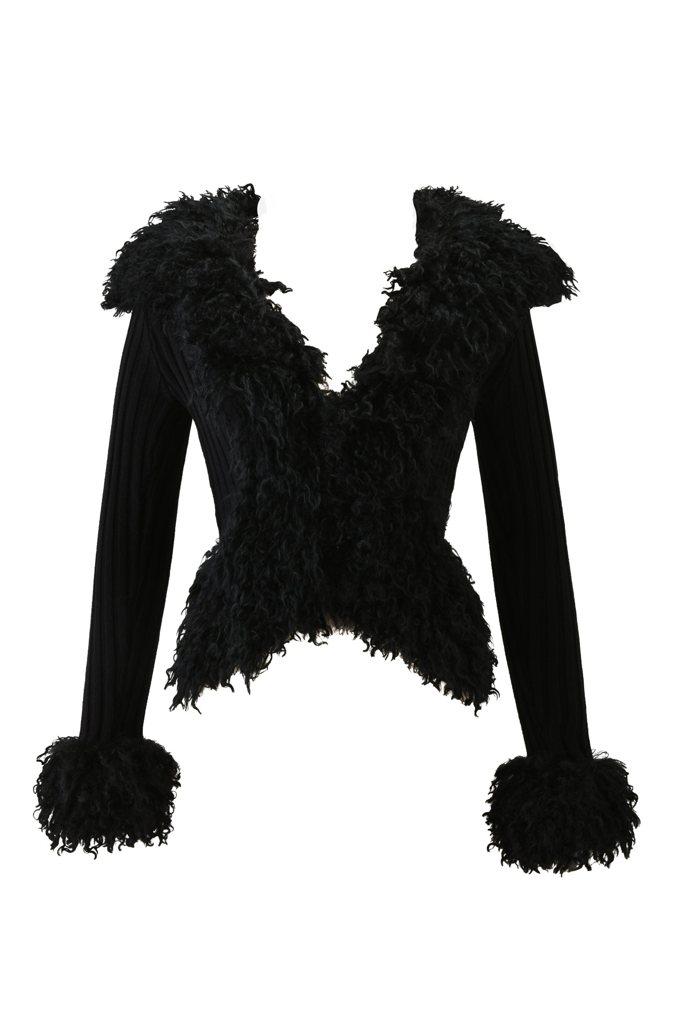 The I.AM.GIA CRESSIDA JACKET - BLACK features long sleeves and a textured, curly faux fur collar with matching trim on the cuffs and hem, delivering a bold, stylish look.