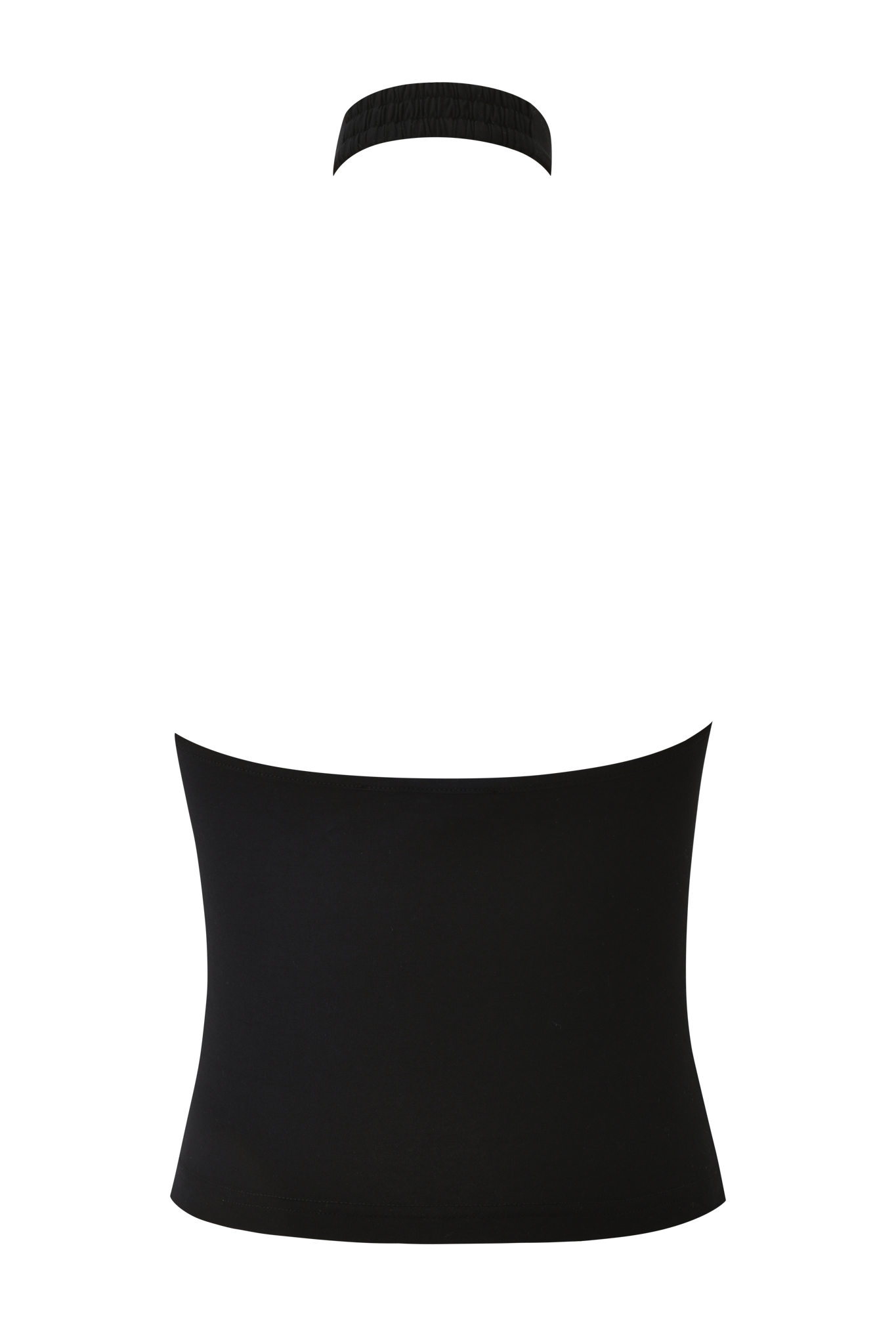 The I.AM.GIA ROWAN TOP - BLACK is a sleeveless halter with a high neckline and bodycon fit, designed to accentuate your silhouette and shown against a plain background.