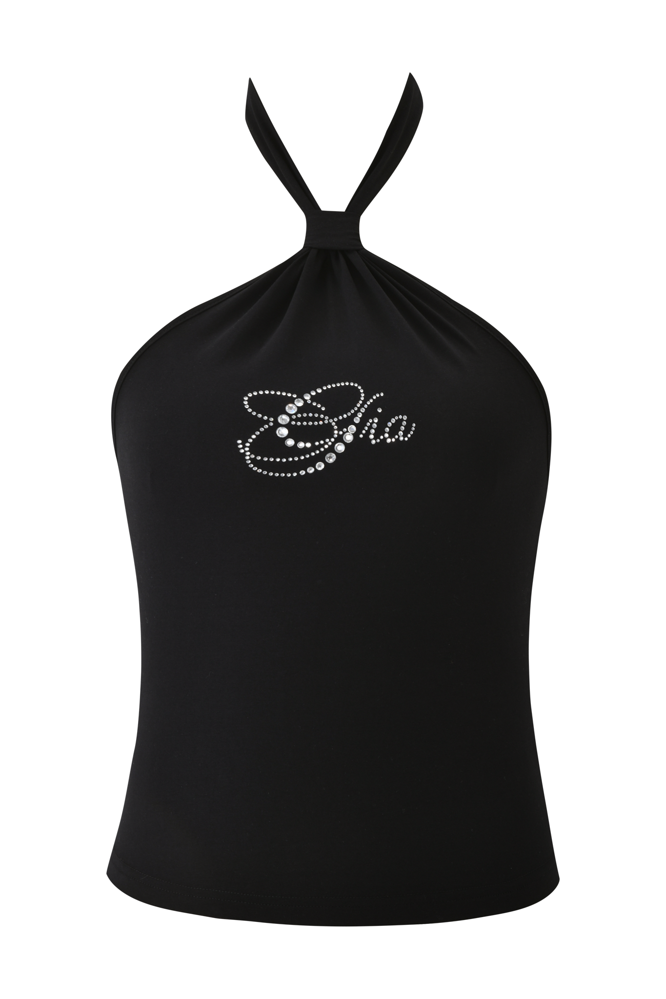 The ROWAN TOP - BLACK by I.AM.GIA is a black halter neck bodycon top, detailed with rhinestone cursive text and swirls in sparkling stones on the front.