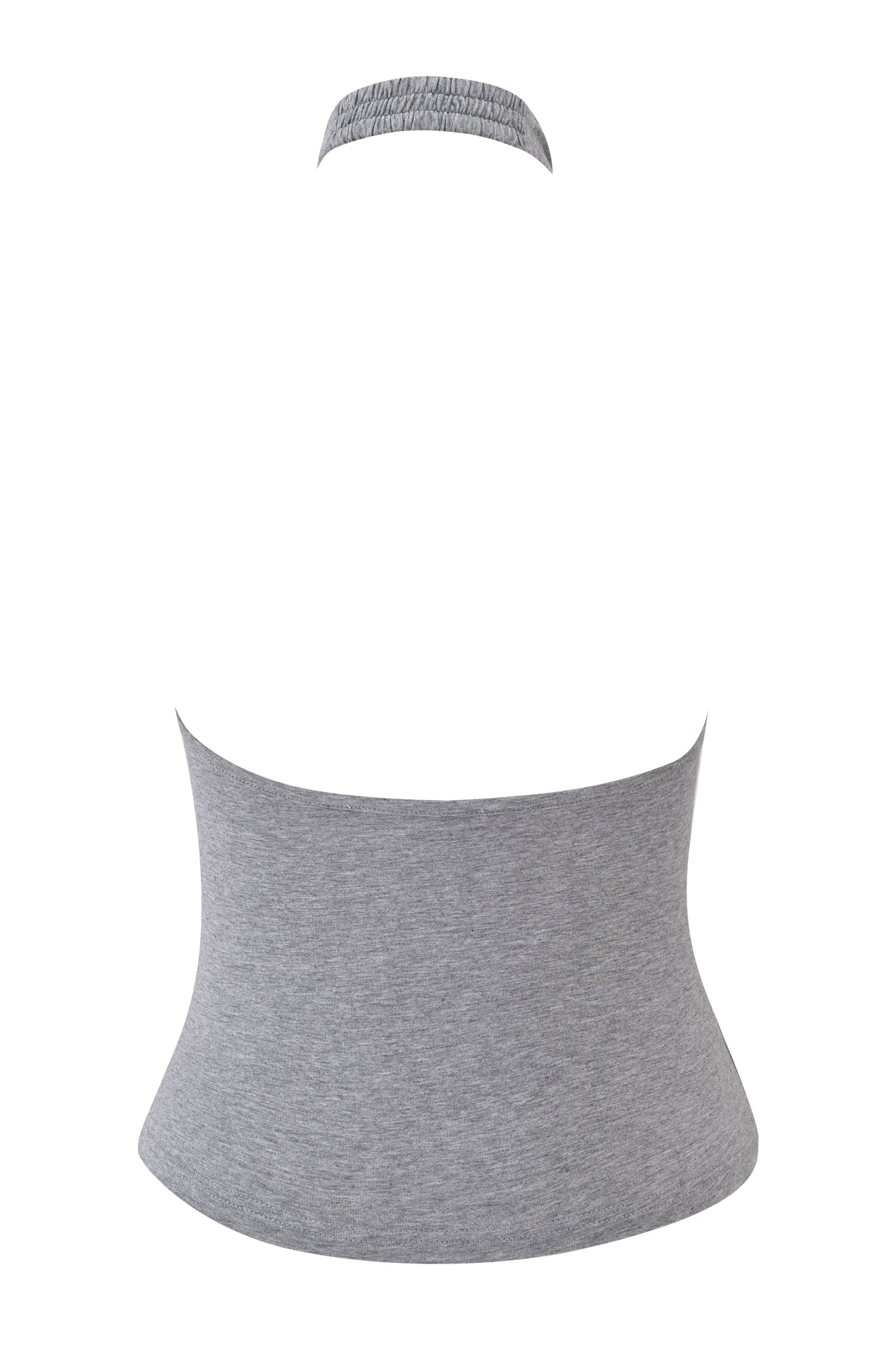 A back view of the I.AM.GIA ROWAN TOP - HEATHER GREY, a grey halter style with an elastic neck band and fitted, seamless waist. This bodycon jersey top is made from soft, stretchy fabric for a flattering silhouette.
