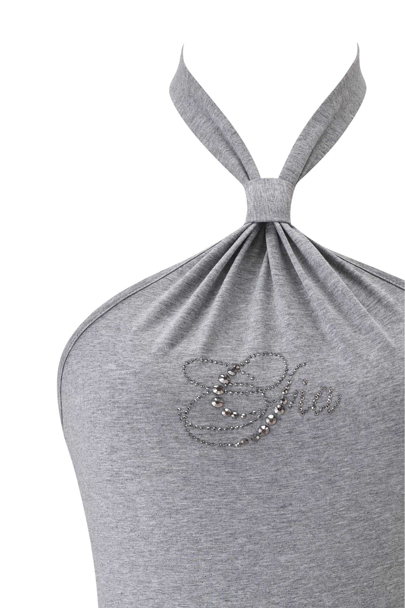 Close-up of the ROWAN TOP - HEATHER GREY by I.AM.GIA, a grey halter neck bodycon jersey top with a knotted neckline and "Ciao" in cursive rhinestones on the chest.