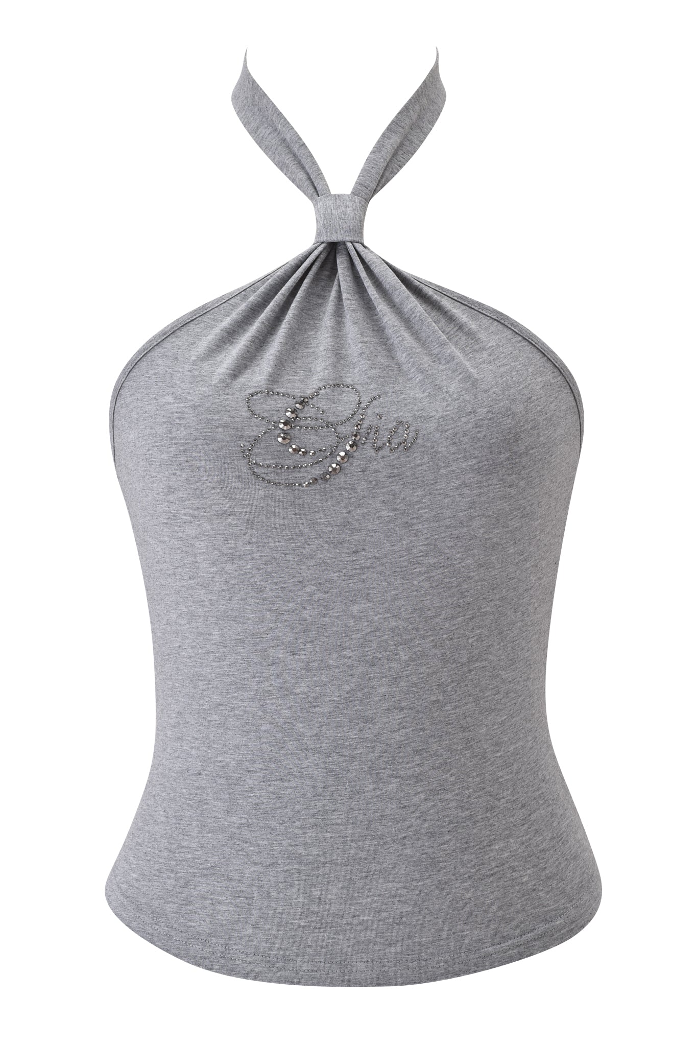 The ROWAN TOP - HEATHER GREY by I.AM.GIA is a fitted, sleeveless bodycon jersey halter with a gathered knot neckline and "Glam" in rhinestones, adding sparkling flair to your look.