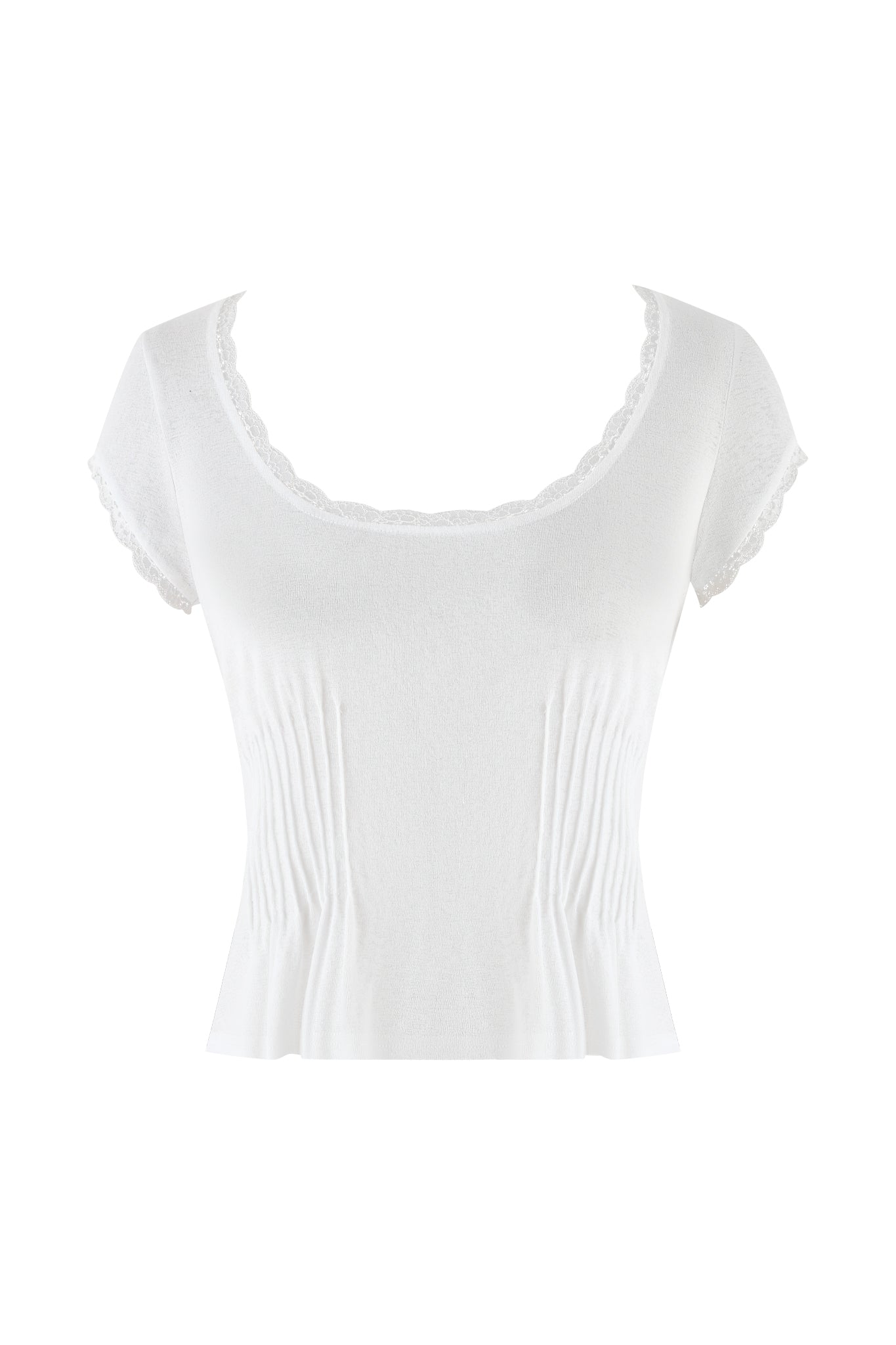 The ECHO TOP - WHITE by I.AM.GIA is a semi-sheer, white blouse featuring a scoop neckline and delicate lace trim. Ribbed details at the waist and sleeves create a fitted look against a plain backdrop.