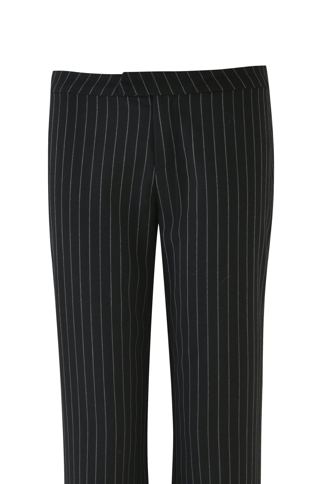 The MARRION PANT - BLACK by I.AM.GIA features vertical white pinstripes and a fashionable low-rise waist. With a flat front waistband and straight legs, these pants offer a striking contrast against the white background.