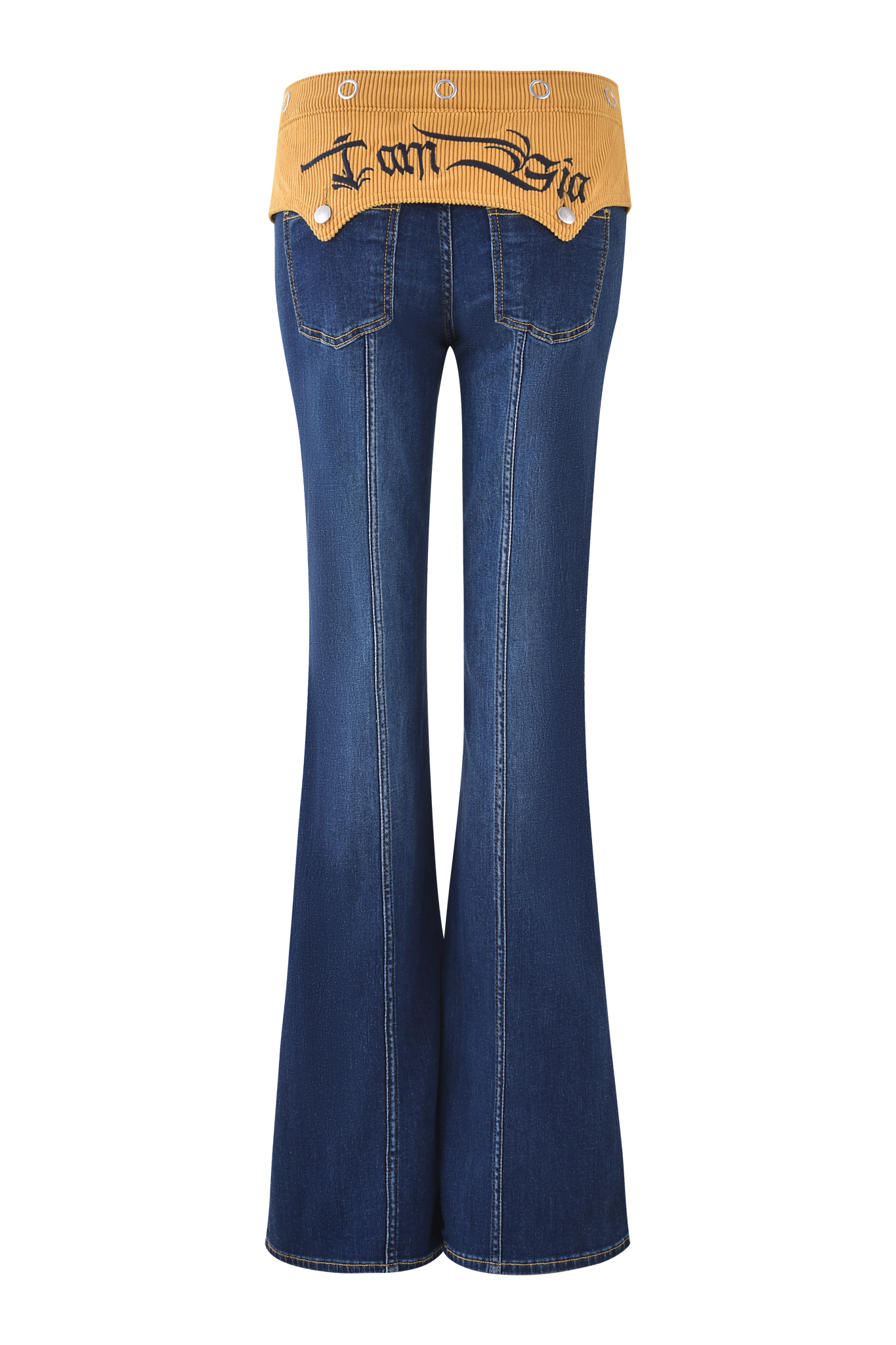 Back view of the I.AM.GIA TOMMIE JEAN - DARK WASH flared pants, with a yellow corduroy waistband, silver buttons, and "I am Baii" embroidered in black script on the waistband.