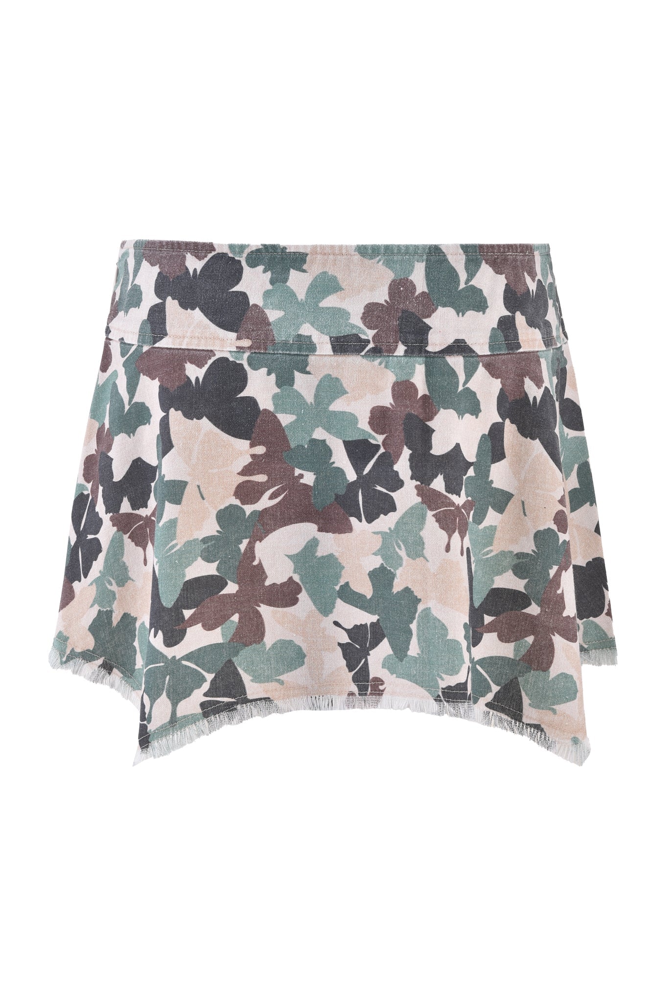 The EFFIE SKIRT - FLUTTER CAMO by I.AM.GIA features a low-rise waist with a butterfly camo print in green, brown, and beige. It has a slightly frayed hem for a distressed look and is showcased on a plain white background.