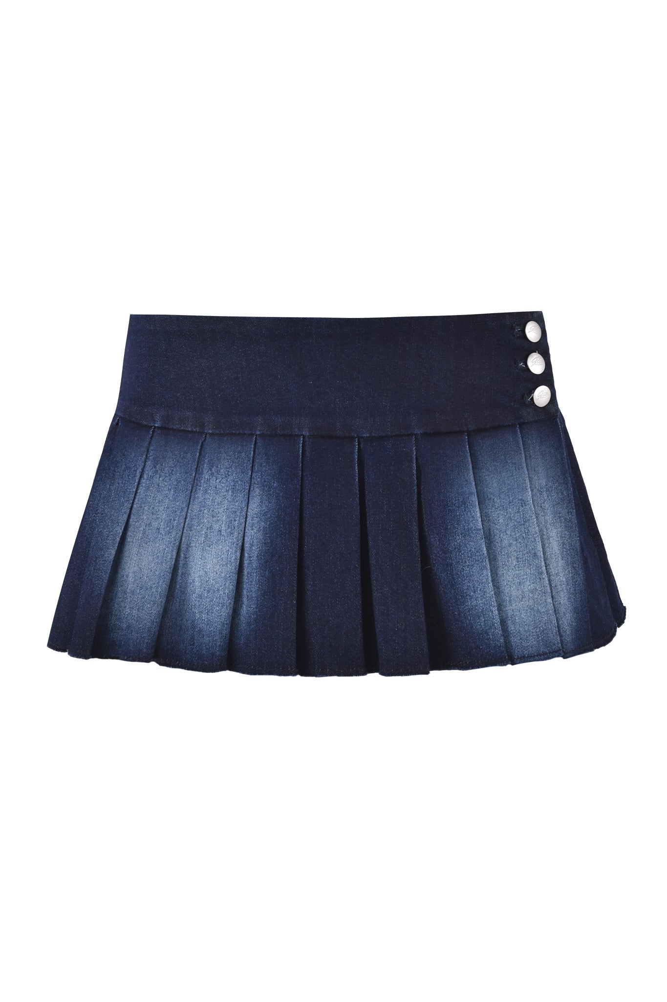 The REMINI DENIM SKORT in dark denim blue by I.AM.GIA features a micro-mini pleated design, wide waistband, and three silver front buttons, shown on a white background.