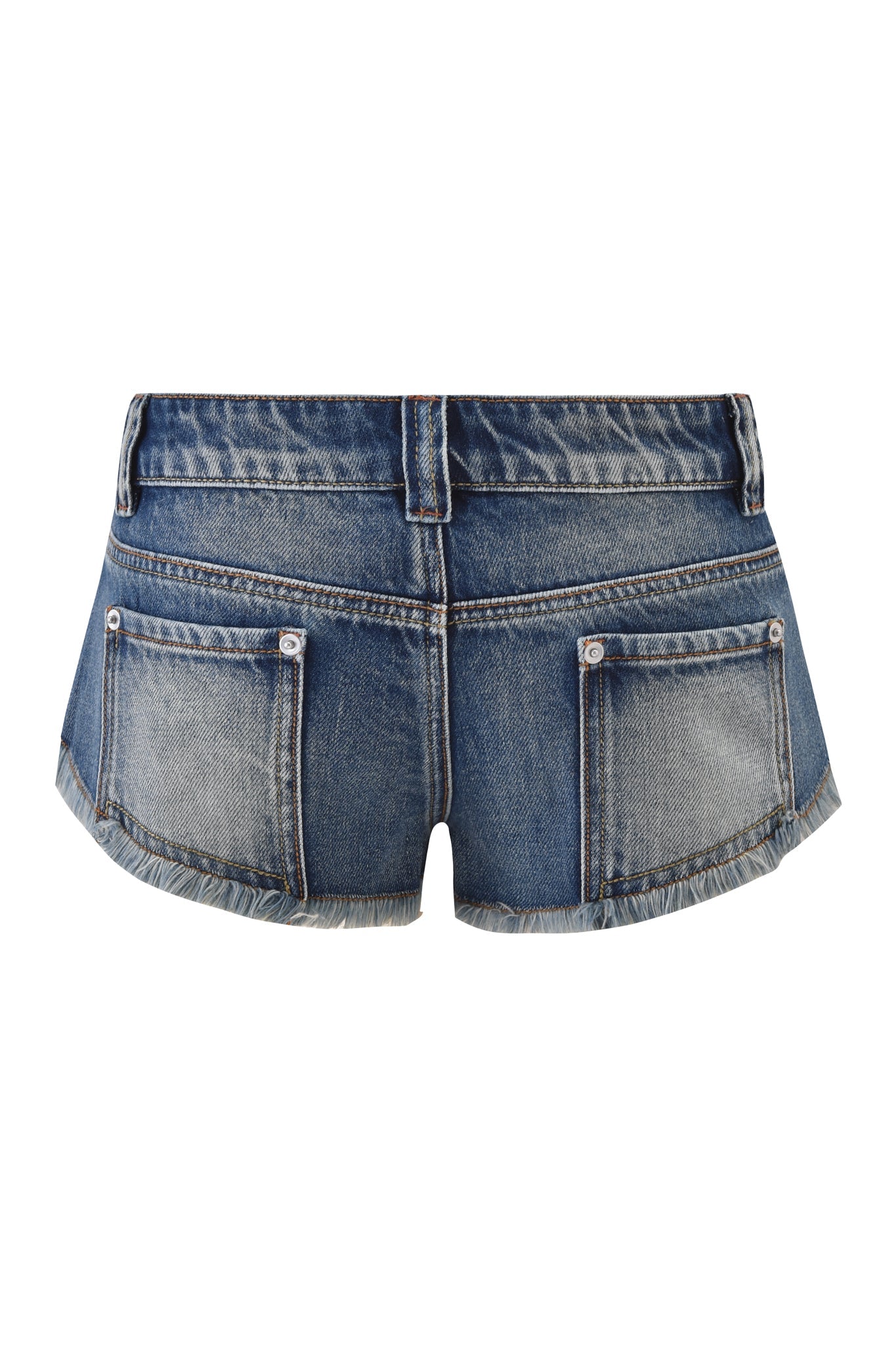 The AURA DENIM SHORT by I.AM.GIA features a blue denim micro mini design with a low-rise waist, two back pockets with stitching, belt loops, and a raw frayed hem.
