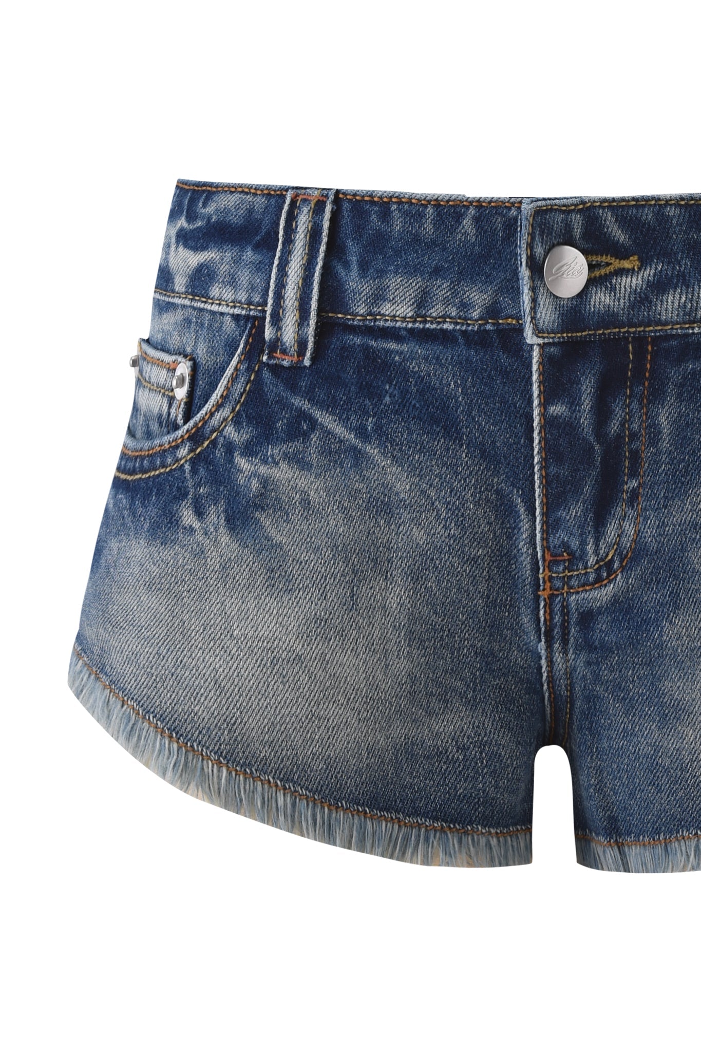 The AURA DENIM SHORT by I.AM.GIA features blue denim in a micro mini cut with a raw frayed hem, front pockets, coin pocket, belt loops, and silver button closure, shown on a white background.