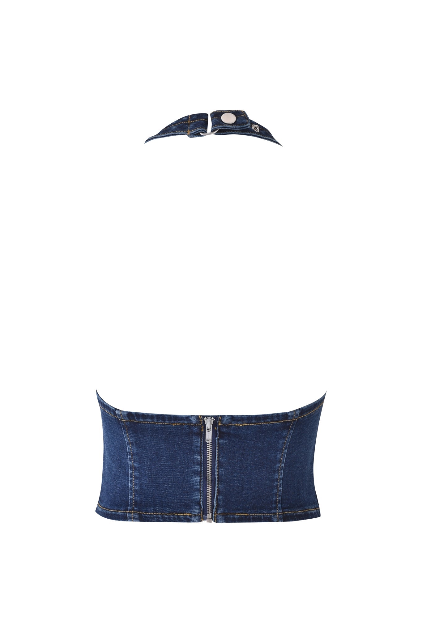 The I.AM.GIA TOMMIE CORSET - DARK WASH is a denim halter top with a collar, metal buttons, adjustable straps, and a front zipper closure, shown on a white background.