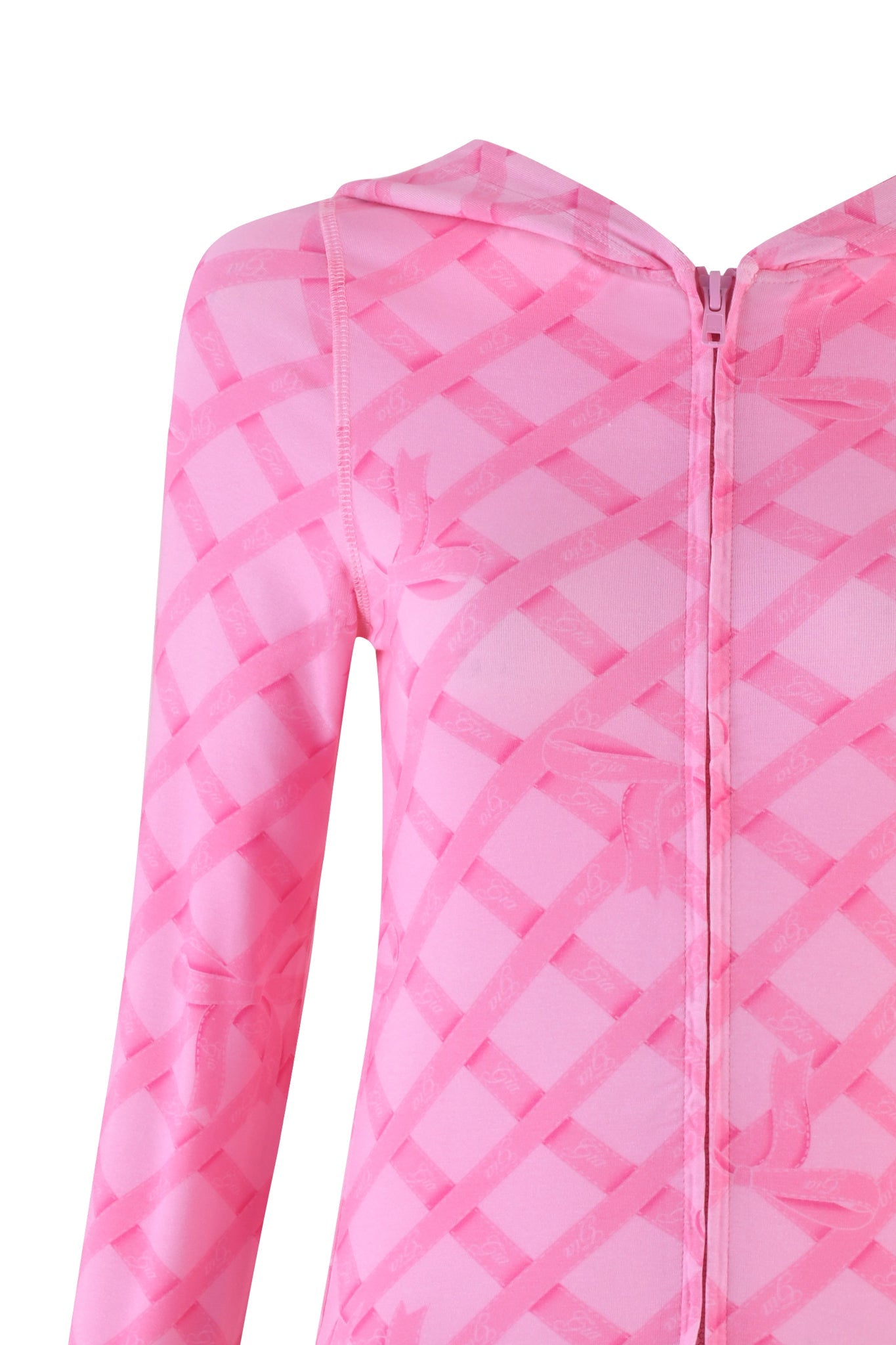 Close-up of the I.AM.GIA Blare Hoodie - Pink: Wrapped in Gia, showcasing a textured woven pattern with a zippered front and subtle floral designs.