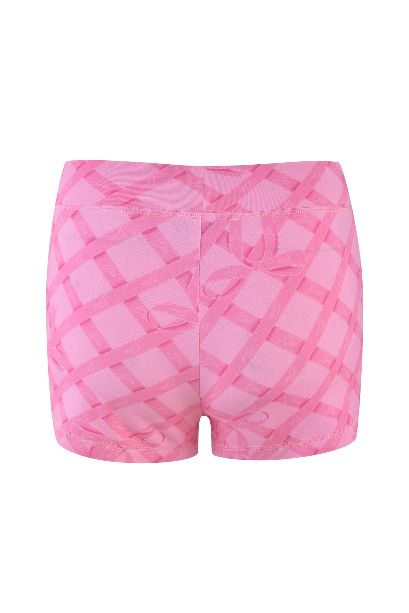 The BLARE SHORT - PINK : WRAPPED IN GIA by I.AM.GIA features a pink print with intersecting lines and circles in a checkered pattern. Made from bamboo fabric, it has a slightly shiny texture that complements its overall design, viewable from the back too.