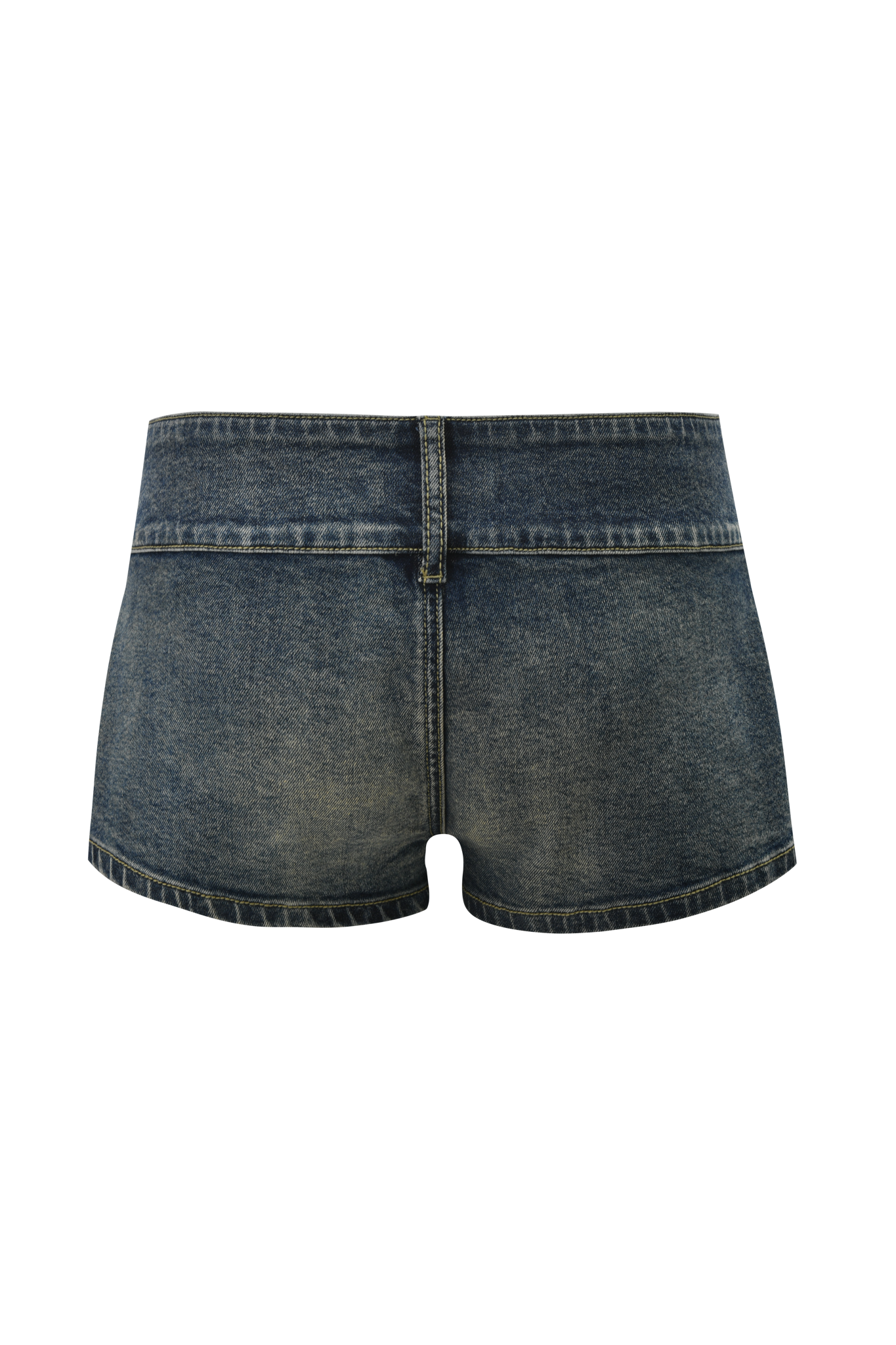 The I.AM.GIA KEENAN SHORT - DARK WASH is a pair of denim mini shorts with a buttoned waistband, faded detailing, and dark wash finish, shown from the back.