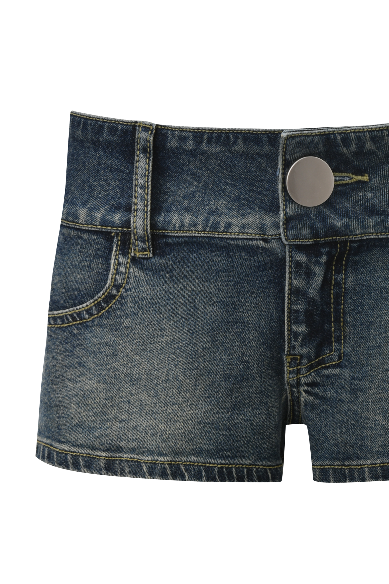 The I.AM.GIA KEENAN SHORT - DARK WASH features yellow stitching, a low-rise waist, front button closure, and front pockets, shown against a plain background.