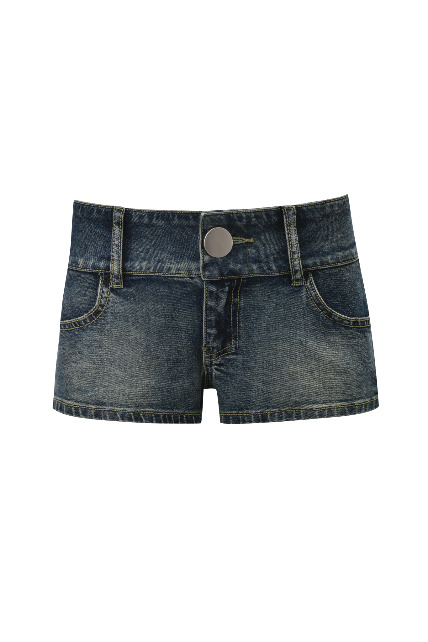 The KEENAN SHORT - DARK WASH by I.AM.GIA features faded dark wash denim, a low-rise waist, front pockets, belt loops, and a button closure.
