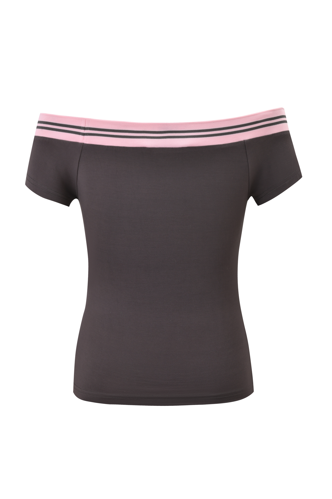 The ELLIS TOP - GREY by I.AM.GIA is an off-shoulder bamboo jersey top in charcoal grey, featuring short sleeves, a pink and white striped neckline trim, and a subtle sporty GIA collegiate logo.