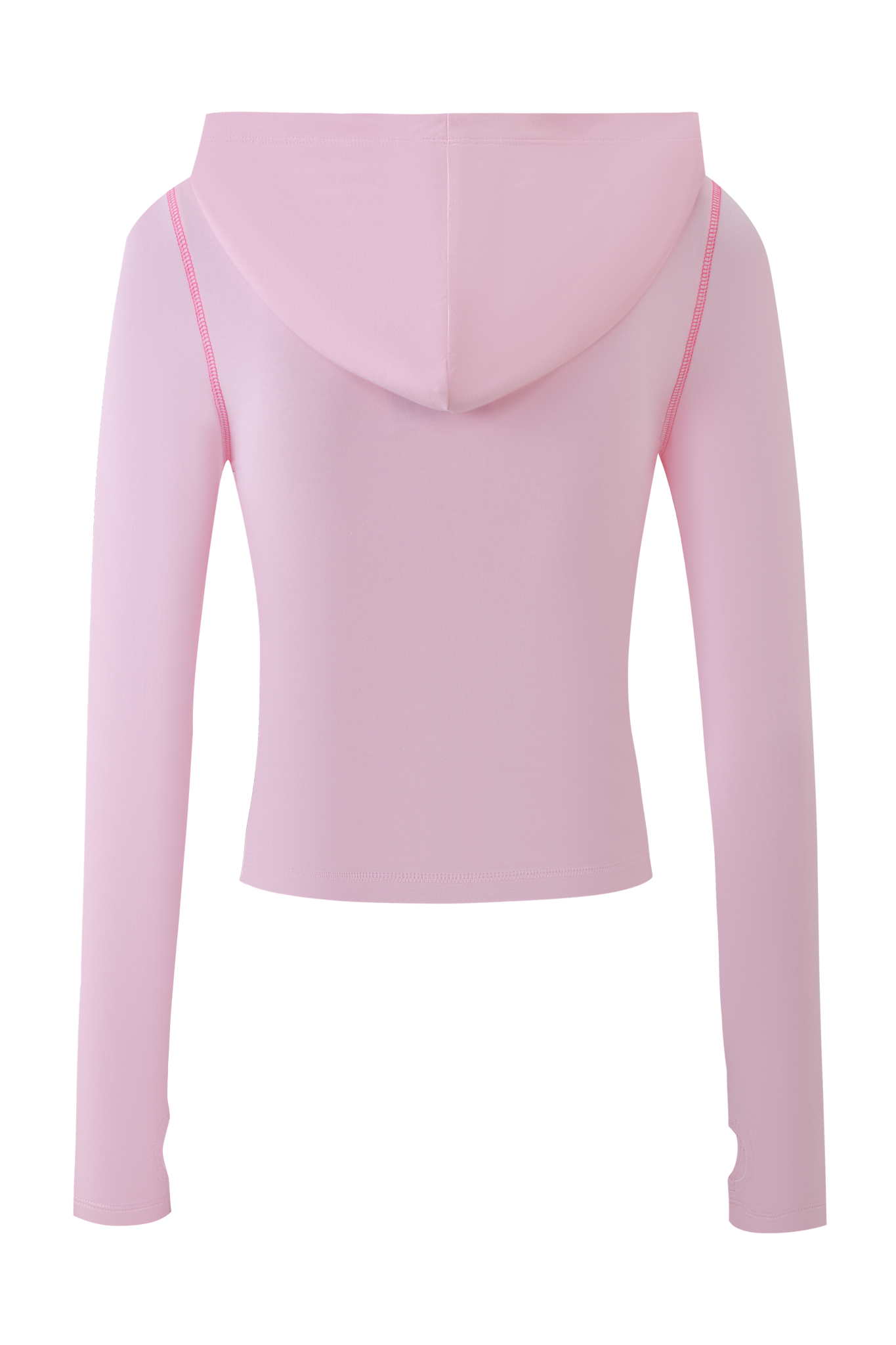 The FAFI BLARE HOODIE - BABY PINK by I.AM.GIA is a light pink, long-sleeve bodysuit with a hood, fitted sleeves, visible seams, and a thong-style bottom, shown from the back for a sleek and modern look.