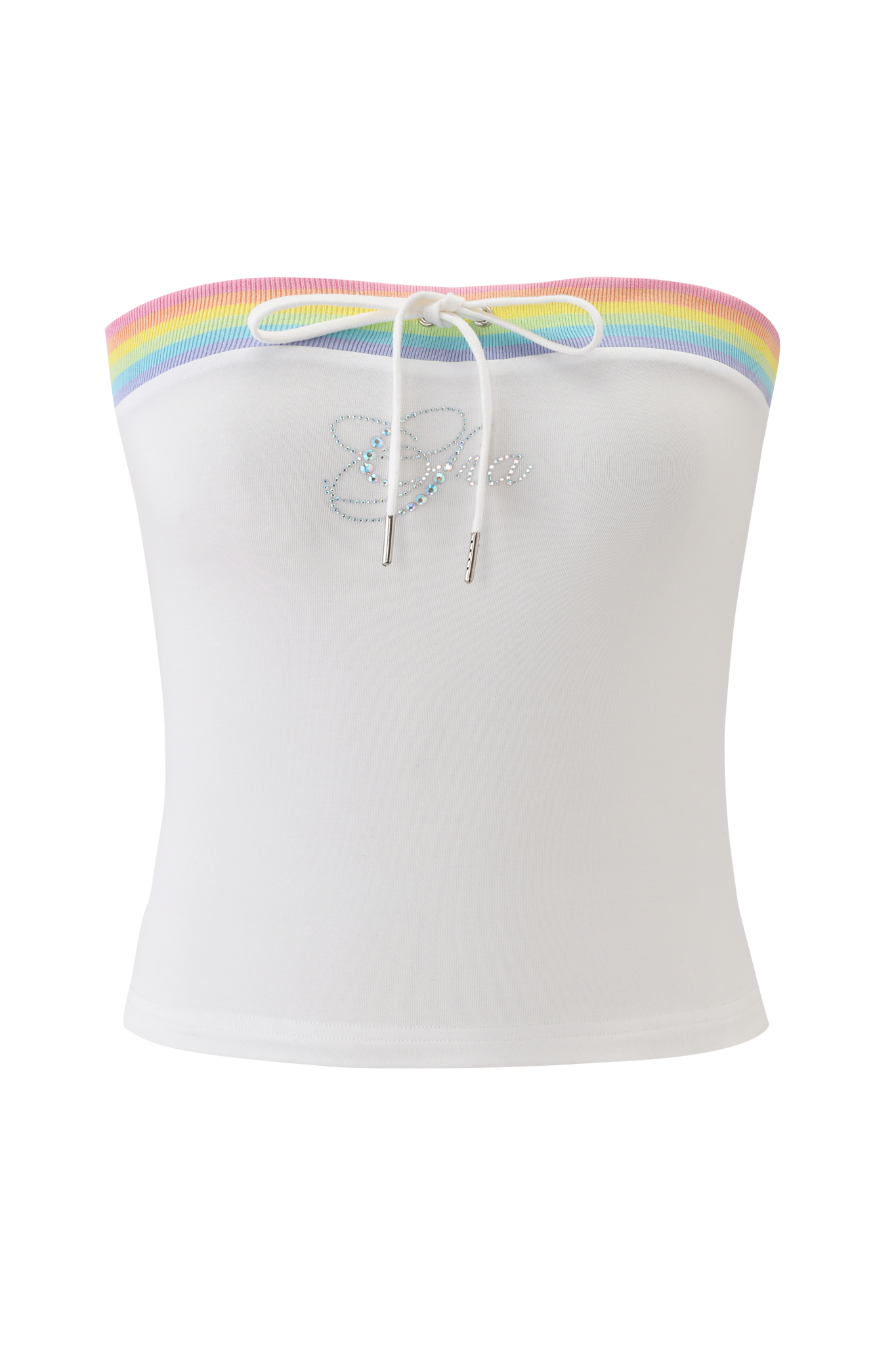 The NIJI BOOB TUBE - WHITE by I.AM.GIA is a white strapless top with a rainbow-trimmed neckline, iridescent diamante text at the center, and a white chest drawstring tie.