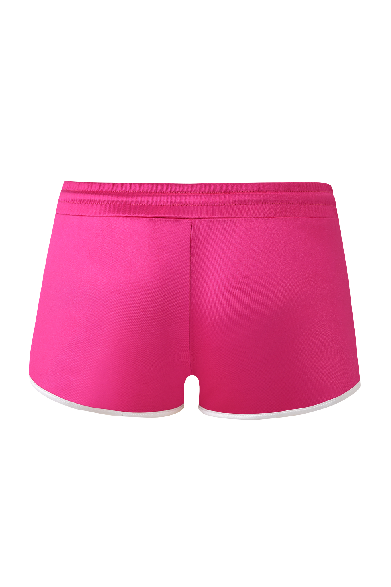 The CHERRY SHORT - DARK MAGENTA by I.AM.GIA features a bright hot pink look with an elastic waistband, smooth disco fabric, and a sleek dolphin hem, shown from the back with no visible logos or patterns.