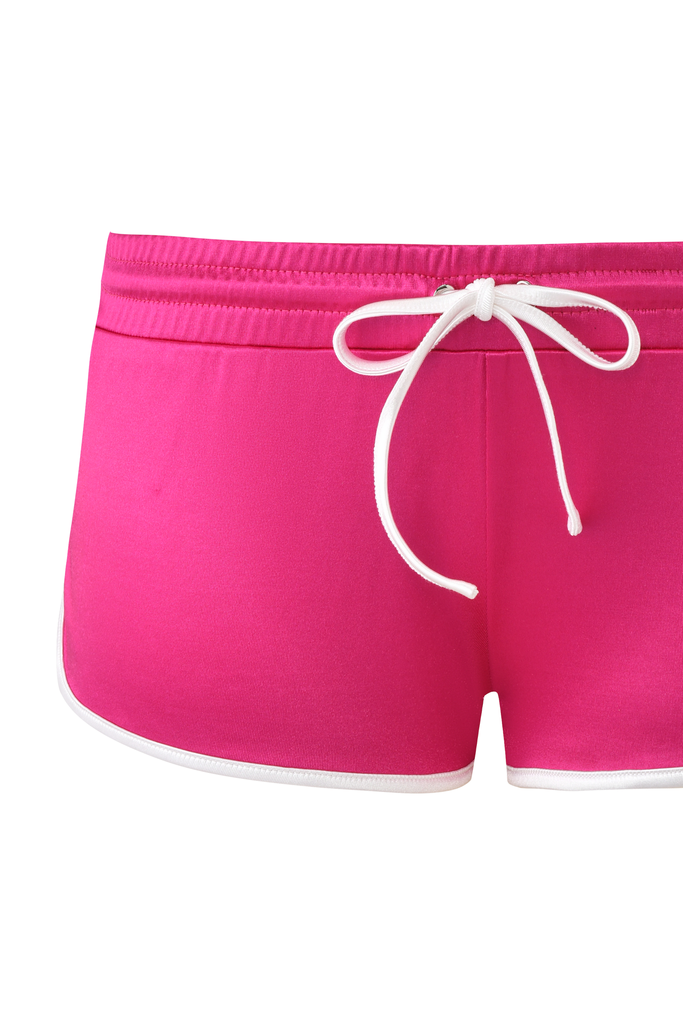 The I.AM.GIA CHERRY SHORT in dark magenta features a white drawstring and dolphin hem, crafted from shiny disco fabric, displayed against a matching pink background.