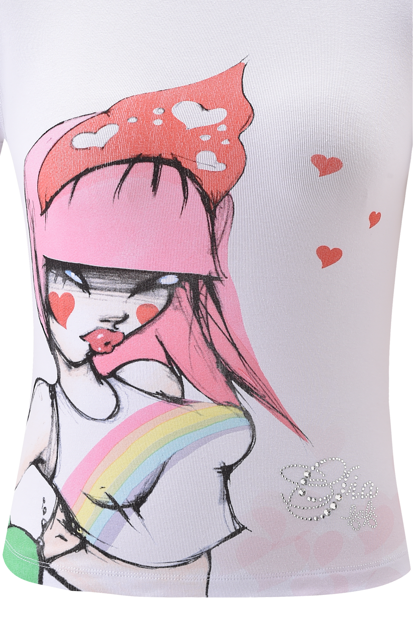The FAFI T-SHIRT - WHITE by I.AM.GIA features exclusive custom art of a pink-haired girl with heart details, a chest rainbow, and "Chic" spelled in rhinestones. Don’t miss this standout tee!.