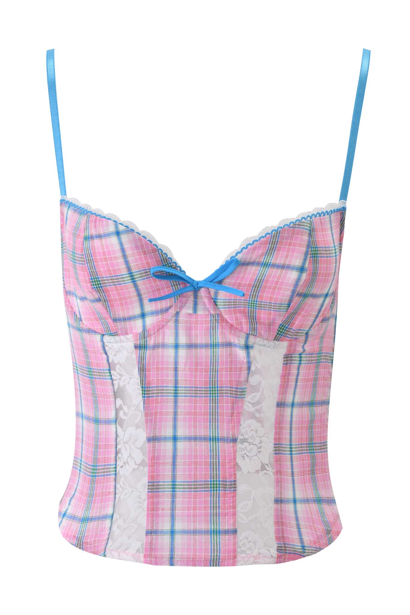 The CLAIRE CORSET - PINK PLAID by I.AM.GIA features blue straps, a blue center bow, underwire bust cups, and white lace side panels.