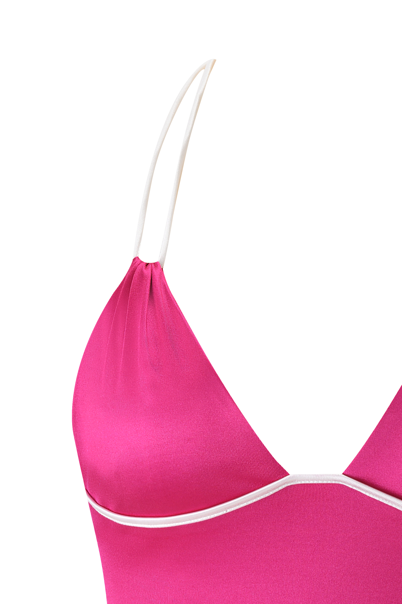 Close-up of the I.AM.GIA CHERRY TOP in dark magenta, a body-con halter top with white adjustable strap and trim, set against a blurred pink and neutral background.