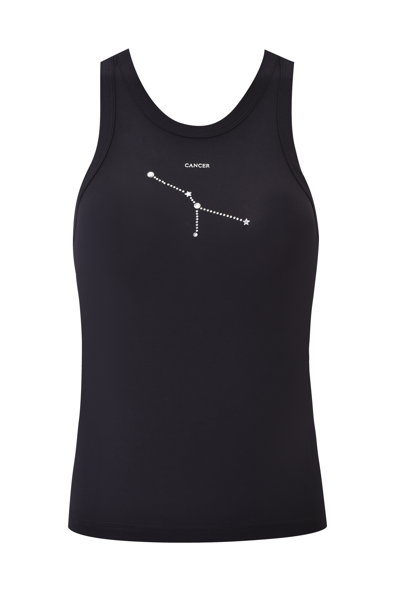 The CANCER ZODIAC TANK - BLACK by I.AM.GIA is a fitted black bamboo tank with a white Cancer constellation graphic and "Cancer" above the stars on the chest.