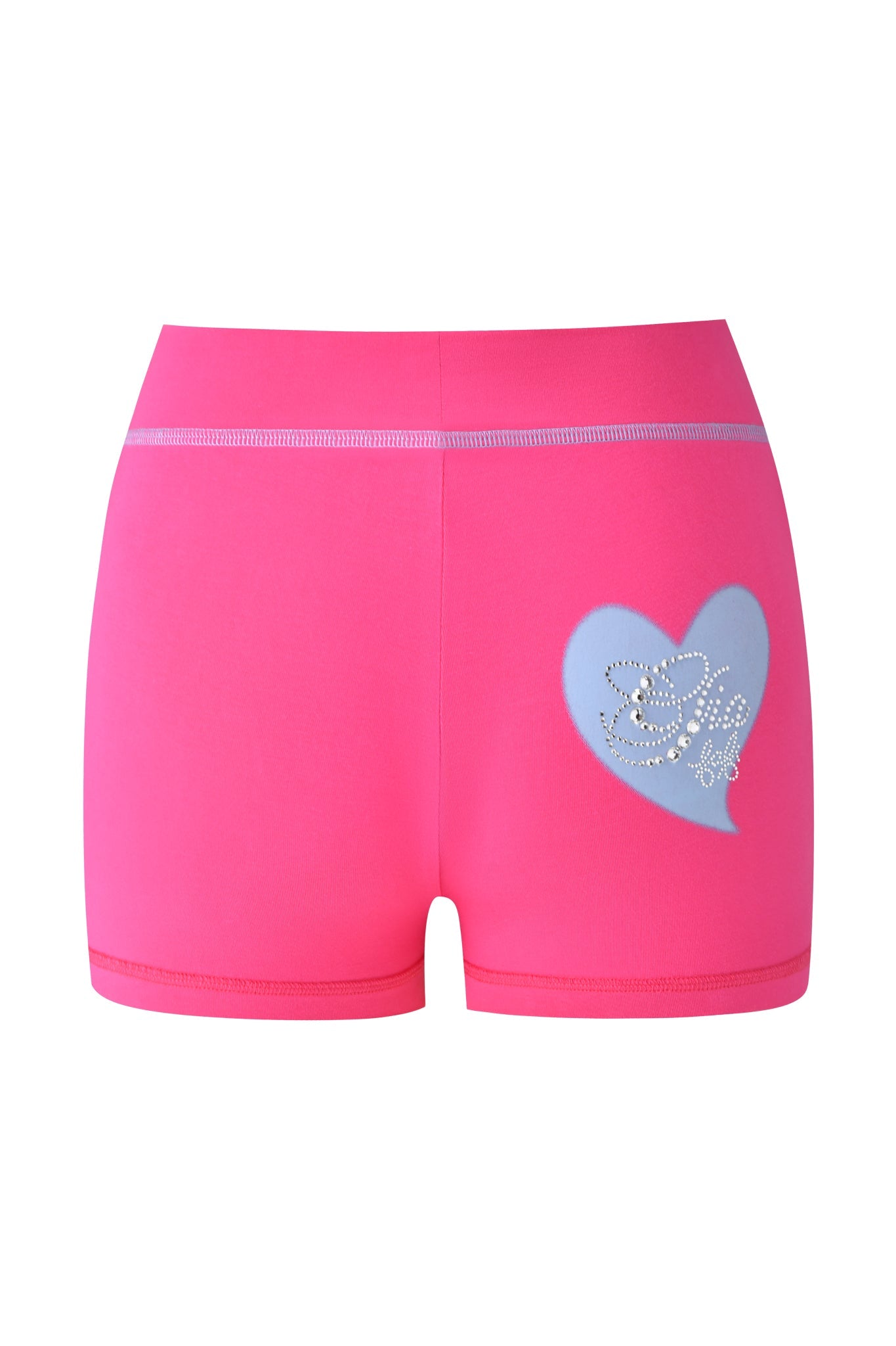 I.AM.GIA FAFI BLARE SHORT in hot pink features a light blue heart on the right side, "Barbie" spelled in rhinestones, and a visible waistband seam. Displayed against a white background.