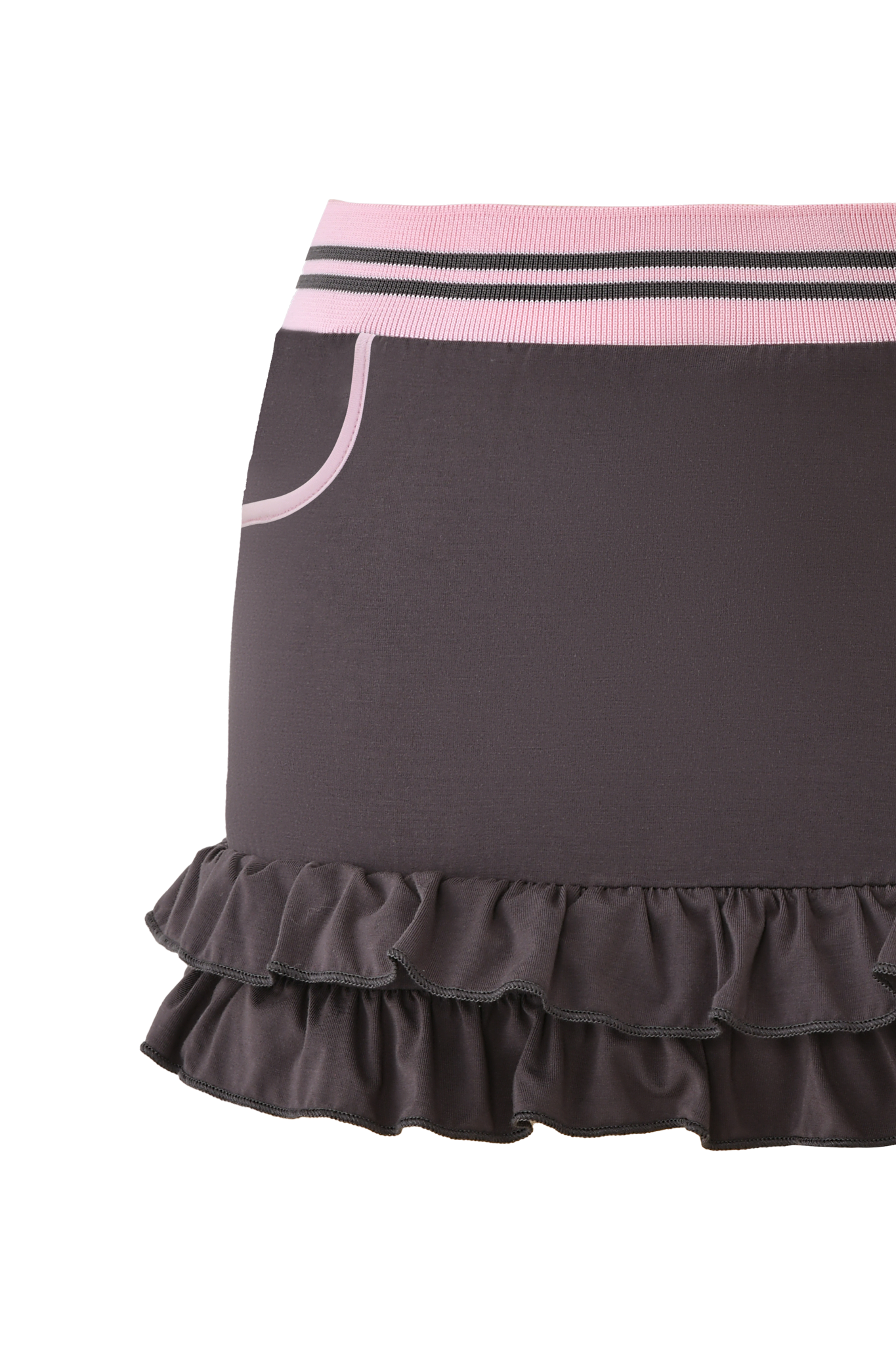 The ELLIS SKORT - GREY by I.AM.GIA is a charcoal grey mini skort featuring a ruffled hem, pink-trimmed pocket, and a bubblegum pink elastic band with two thin black stripes.