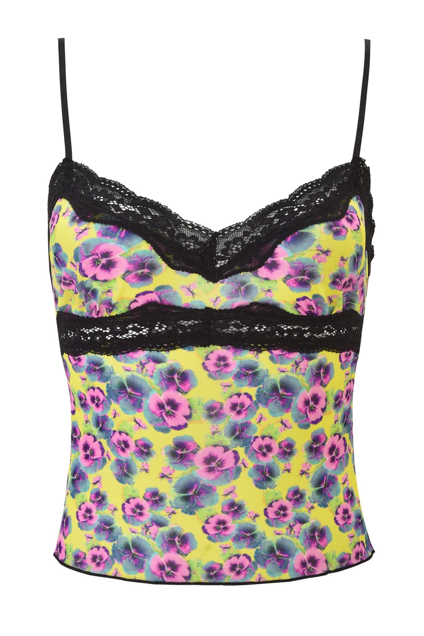 The GRACIE LACE CAMI - SASSY PANSY by I.AM.GIA features thin black straps, lace trim at the neckline and bust, and neon yellow mesh with purple and green floral patterns.