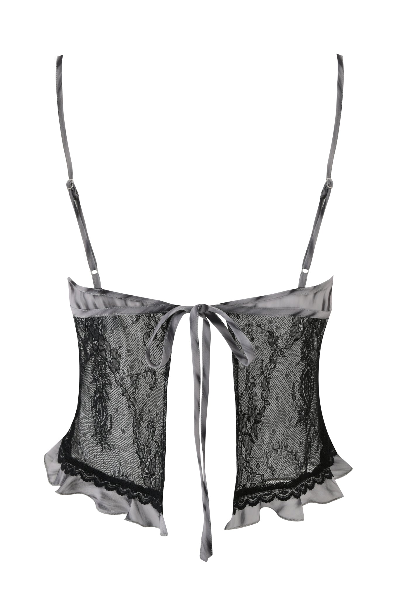 The COLETTE LACE PANEL CAMI TOP by I.AM.GIA features black lace, adjustable marble-patterned straps, a satin ribbon tie at the back, and ruffled satin trim for an edgy look.