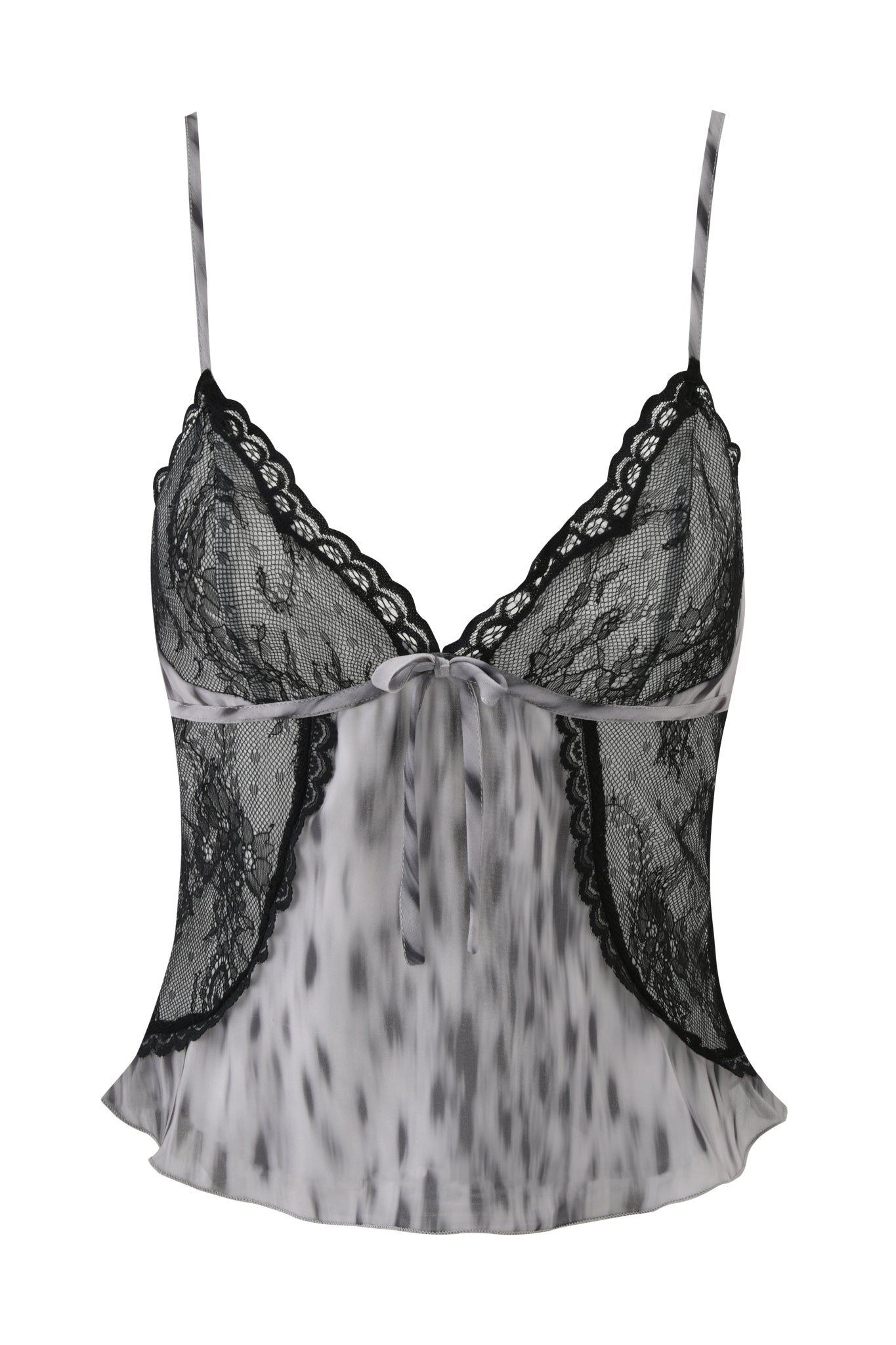 The COLETTE LACE PANEL CAMI TOP by I.AM.GIA features a sheer gray and white patterned fabric, delicate thin straps, black lace bodice details, and a charming small bow at the center front.