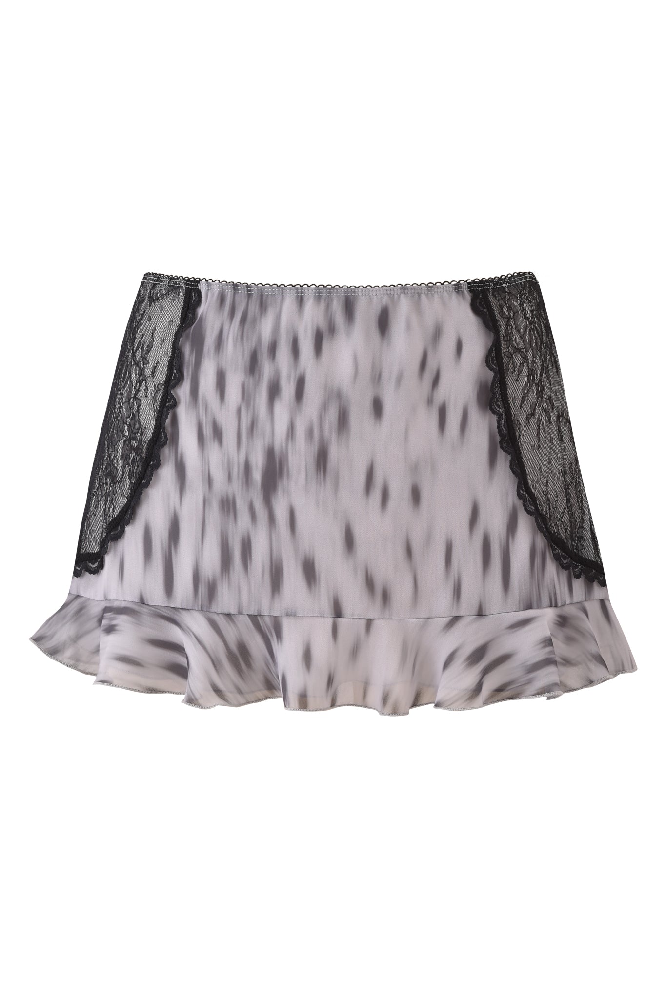 The COLETTE LACE PANEL MINI SKIRT by I.AM.GIA is a short, ruffled mini skirt with a black and white spotted pattern, featuring black lace side panels and delicate trim along the top edge.