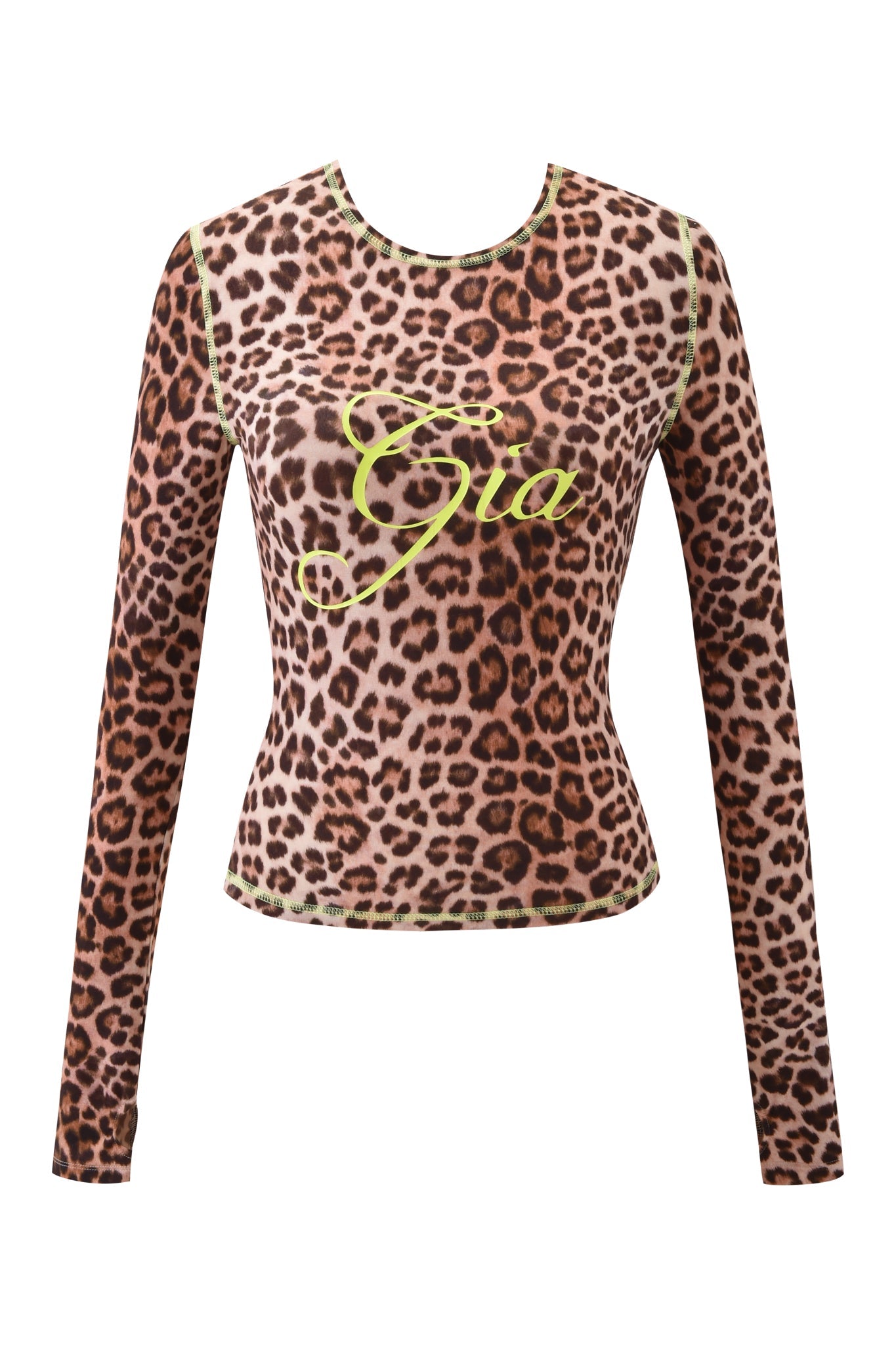 The I.AM.GIA BLARE LONG SLEEVE TOP - LEOPARD features a fitted silhouette, bold leopard print, green stitching, and large yellow "Gia" script on the chest, shown on a white background.