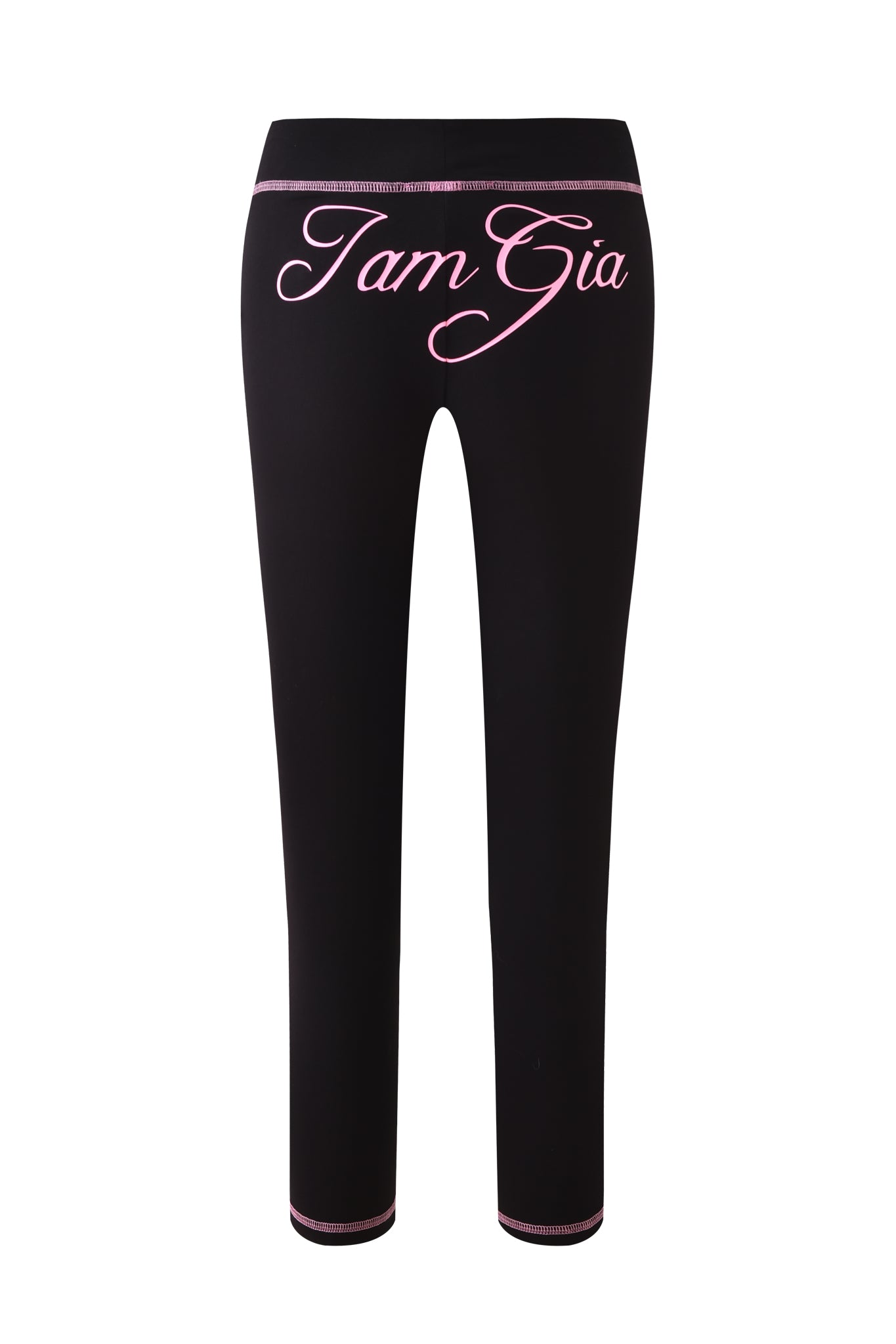 The BLARE CAPRI - BLACK by I.AM.GIA features a black bodycon fit, pink stitching, and cursive pink I.AM.GIA branding across the back waistband.