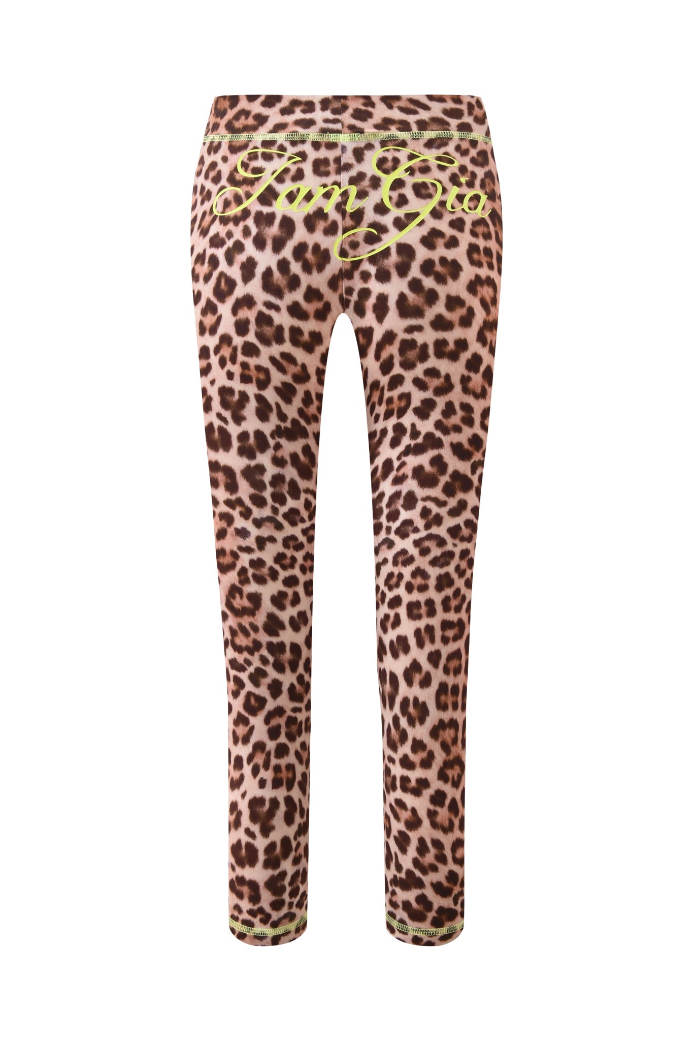 The BLARE CAPRI - LEOPARD by I.AM.GIA features a brown and beige leopard print, bodycon fit, and yellow cursive script on the back waistband.
