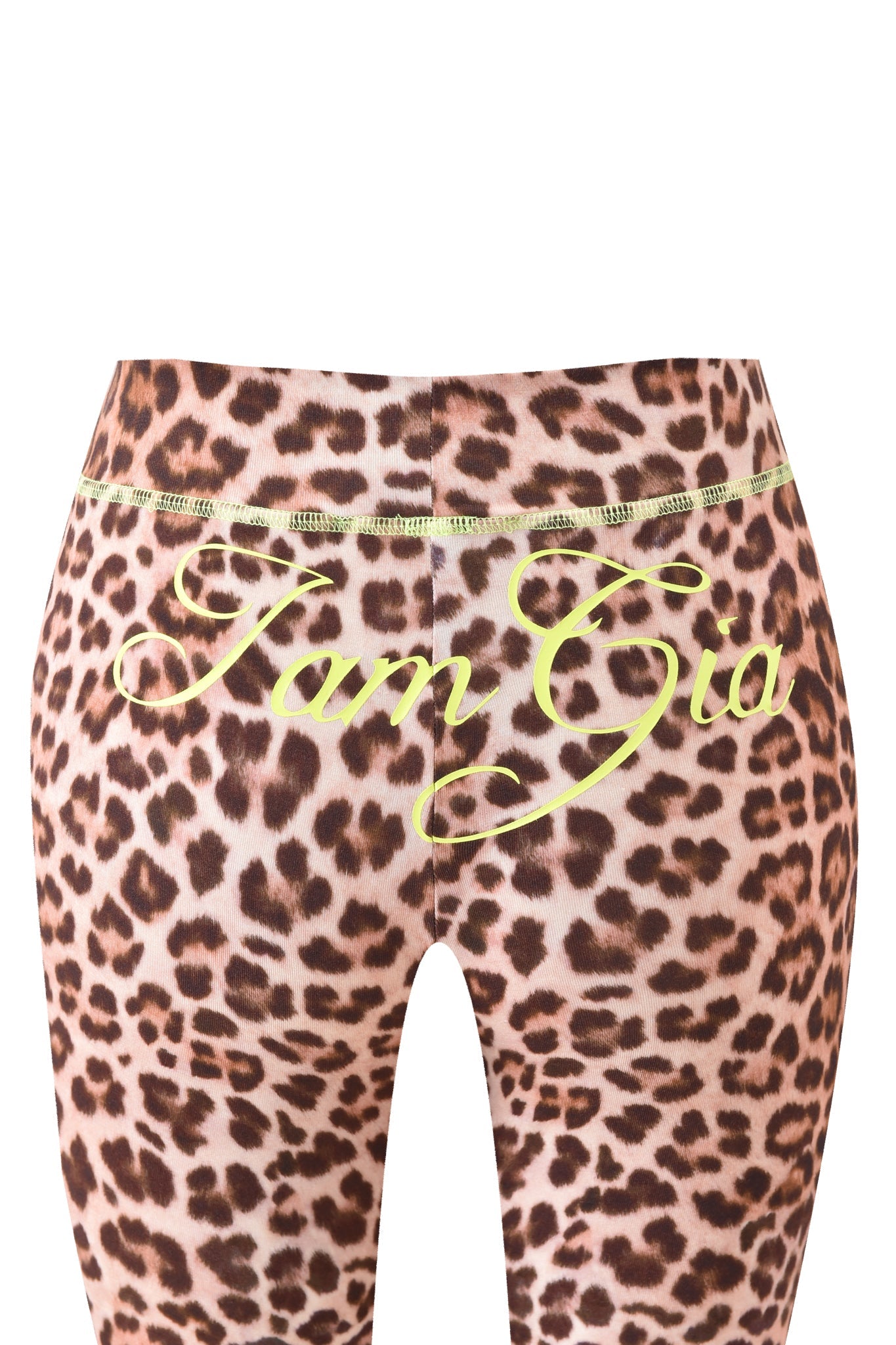 Close-up of the I.AM.GIA BLARE CAPRI - LEOPARD, showcasing a bodycon fit and "I am Gia" in yellow script on the back waistband.