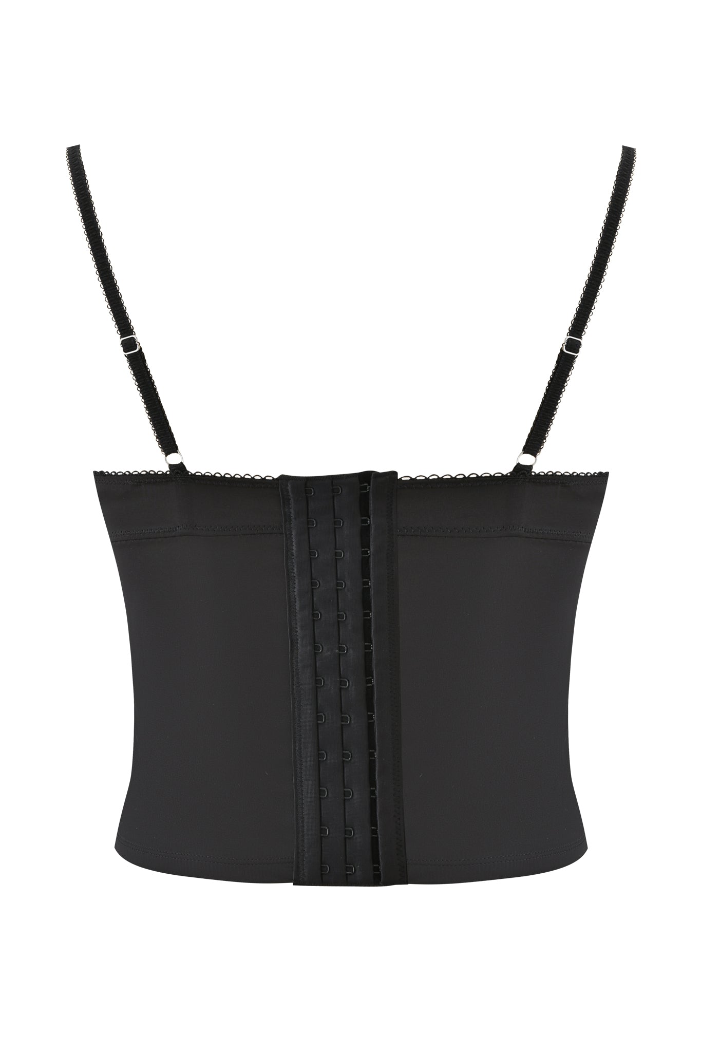 The ASHLING BUSTIER - BLACK by I.AM.GIA features adjustable satin straps, lace trim at the top edge, and a front panel with vertical hook-and-eye closures, shown on a white background.