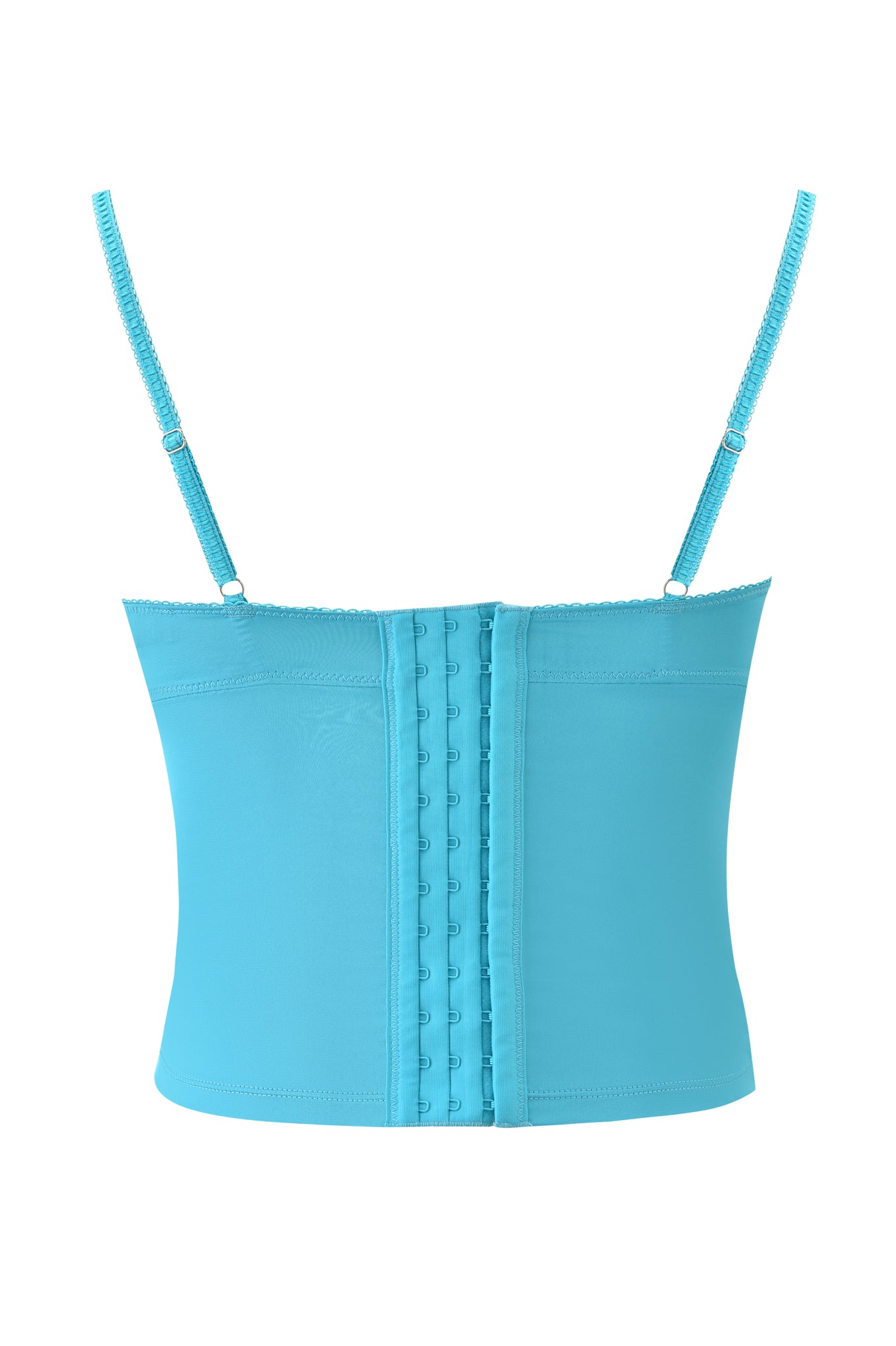 The ASHLING BUSTIER - TEAL by I.AM.GIA is a teal satin bustier with adjustable straps and a central back row of hook-and-eye closures.