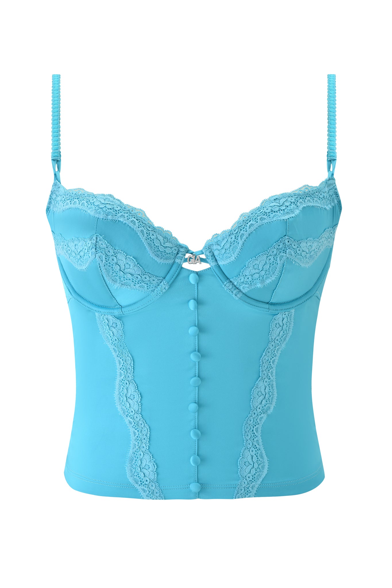 The ASHLING BUSTIER - TEAL by I.AM.GIA features bright teal blue satin, adjustable straps, lace-trimmed cups, a center bow, front button details, and vertical lace accents for a delicate touch.