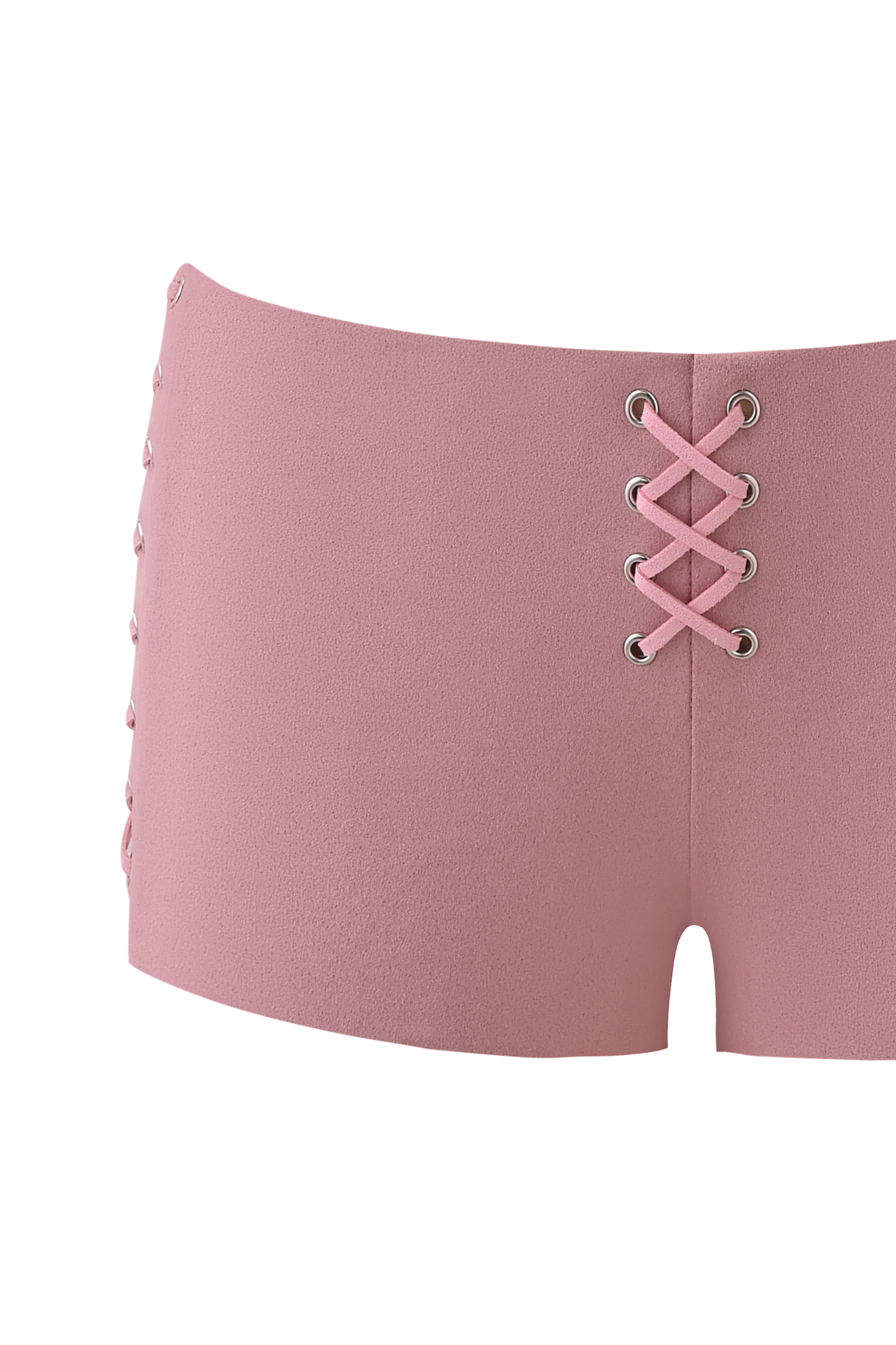 The RAMONA SHORT - BABY PINK by I.AM.GIA features high-waisted faux-suede, a front lace-up with silver eyelets, and crisscrossed pink laces.