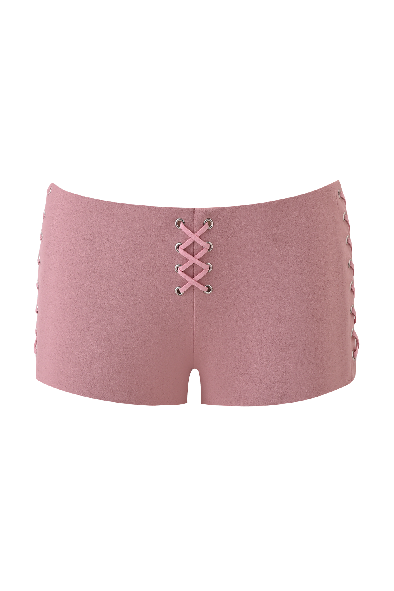 The RAMONA SHORT - BABY PINK by I.AM.GIA features a low rise, soft faux-suede fabric, silver eyelet front lace-up, and decorative side lace accents for a seamless, fitted look.