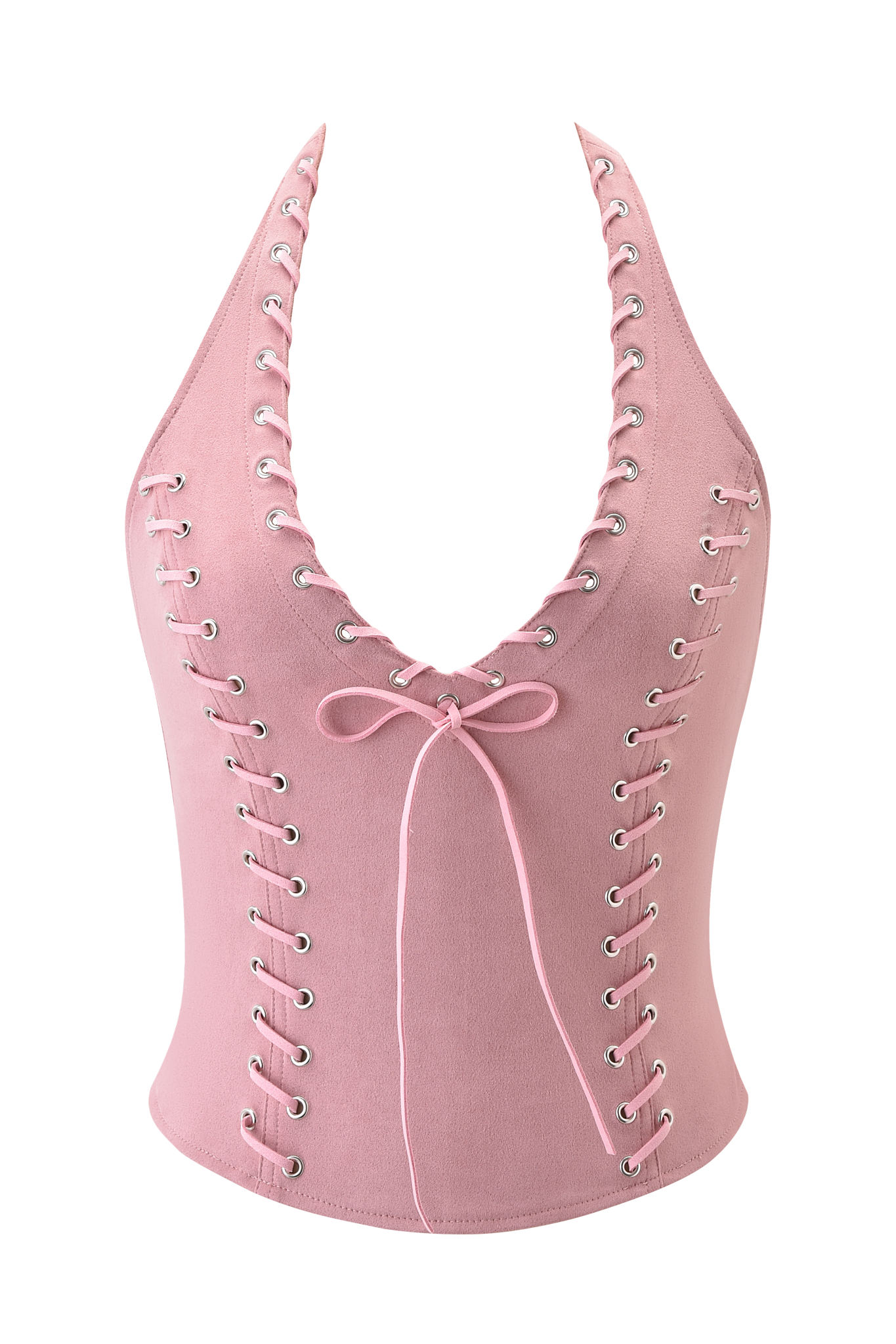 The ZEPHYR TOP - BABY PINK by I.AM.GIA is a dusty pink faux suede halter top with a deep V-neckline, silver grommets, crisscross lace-up details on the front and sides, and a center bow.
