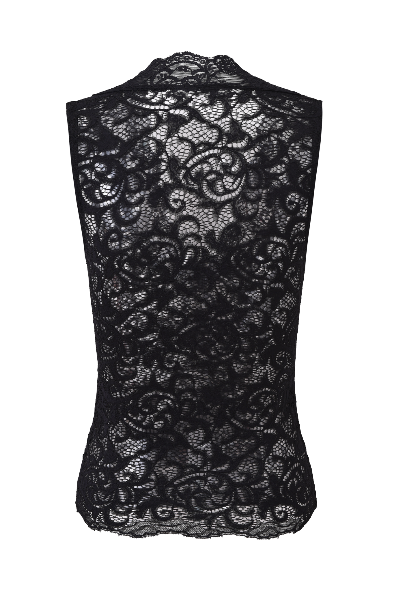 The GEMMA SLEEVELESS TOP - BLACK by I.AM.GIA is shown from the back, featuring sheer black lace with a delicate floral pattern, intricate swirling designs, and a subtly fitted, body-con silhouette.