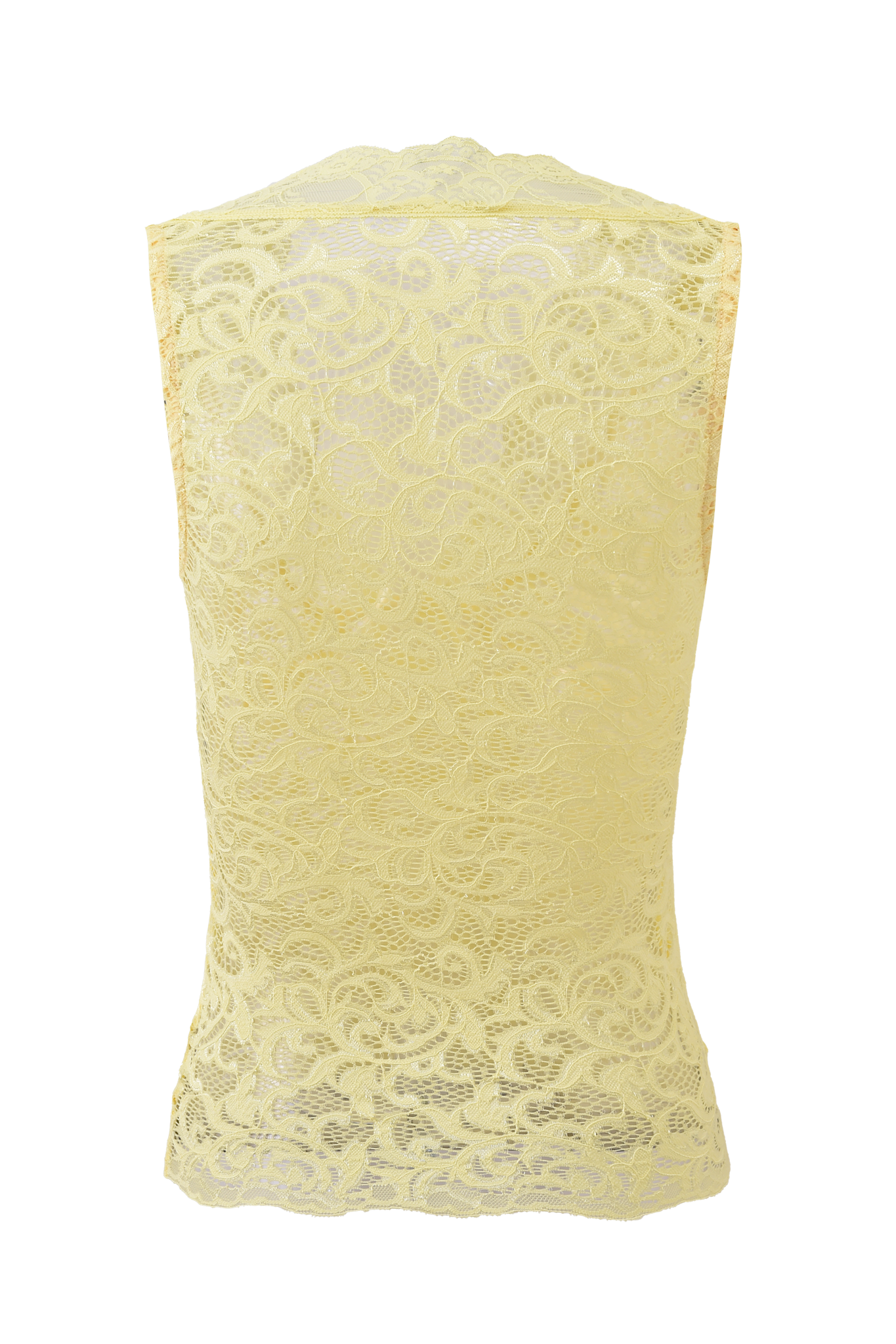 The GEMMA SLEEVELESS TOP by I.AM.GIA is shown from the back in yellow, highlighting its sheer lace fabric with a delicate floral pattern.