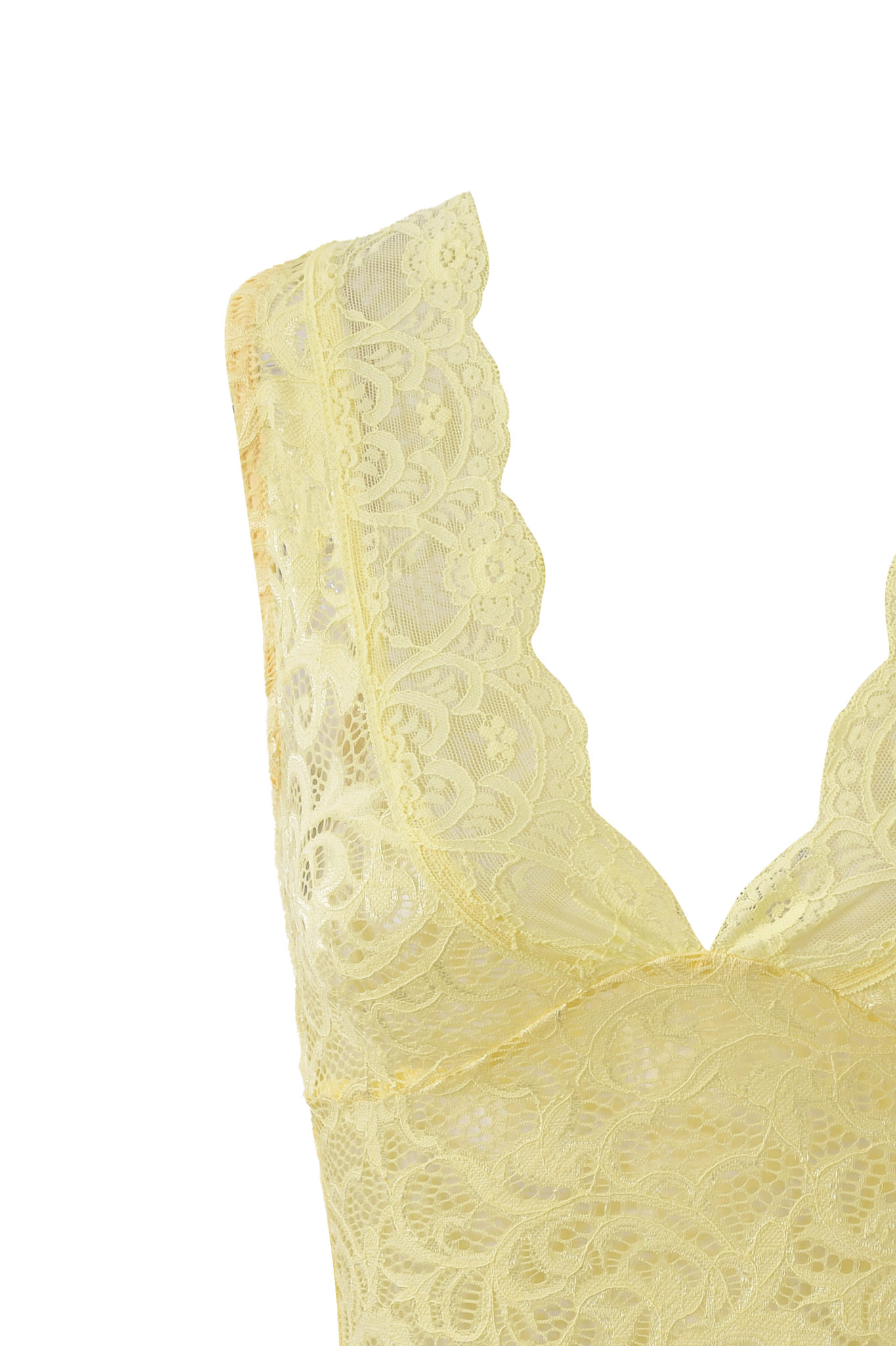 The I.AM.GIA GEMMA SLEEVELESS TOP in yellow features a V-neck, delicate semi-sheer fabric, and intricate floral lace patterns for an elegant, form-fitting look.