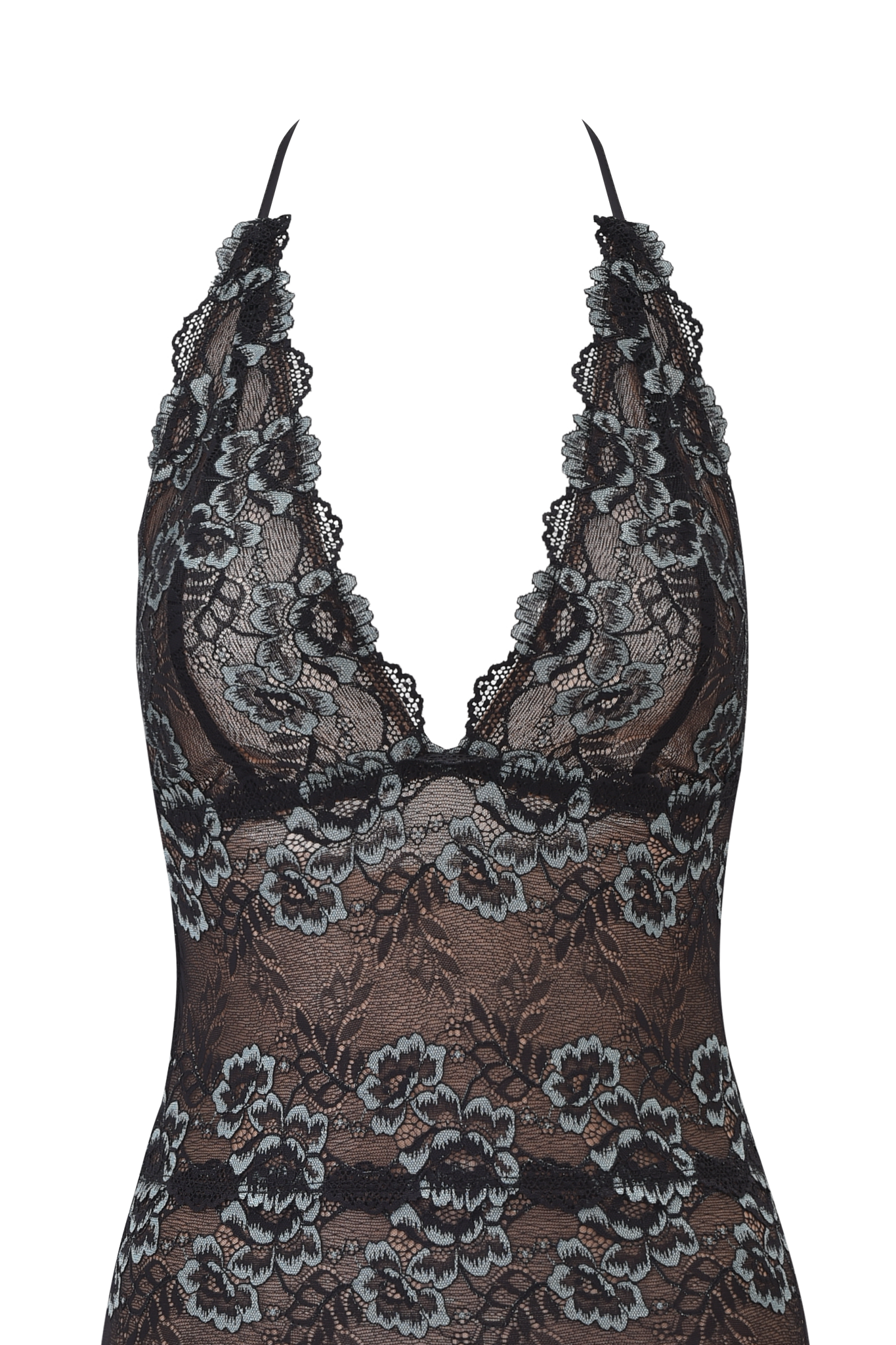 The GEM MINI DRESS - BLACK BLUE by I.AM.GIA features a bodycon fit with delicate black and blue lace, deep V-neckline, floral embroidery, and intricate detailing for a bold, sheer look.