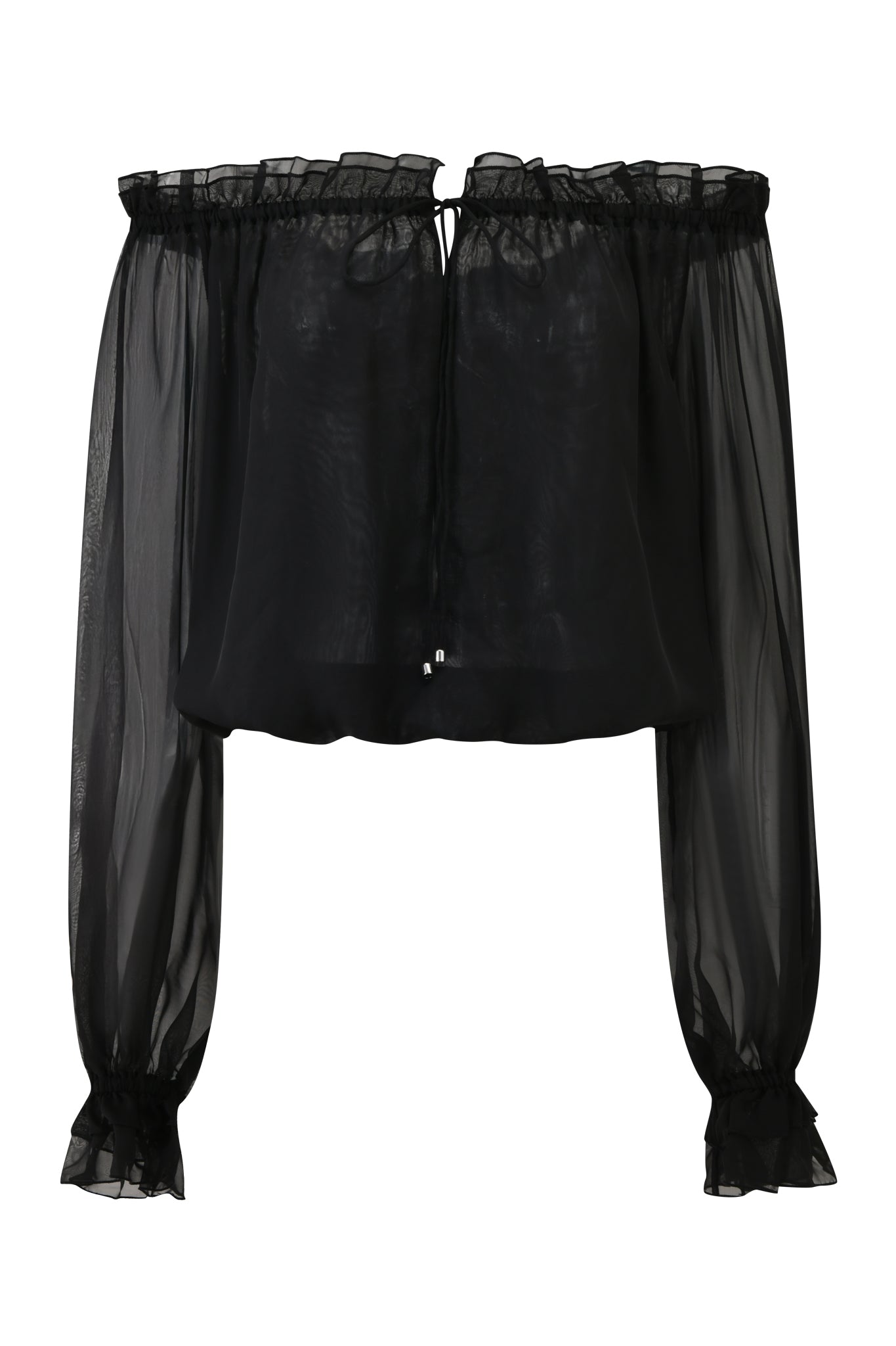 The JAZMIN TOP - BLACK by I.AM.GIA is a sheer, off-the-shoulder georgette blouse with long, loose sleeves, ruffled neckline and cuffs, semi-transparent fabric, and a front tie detail for a flowy look.